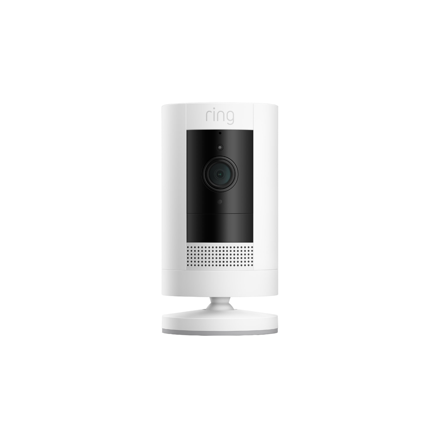 Witte Ring beveiligingscamera. Hij is cilindrisch en staat op een voet. De cameralens is zwart.