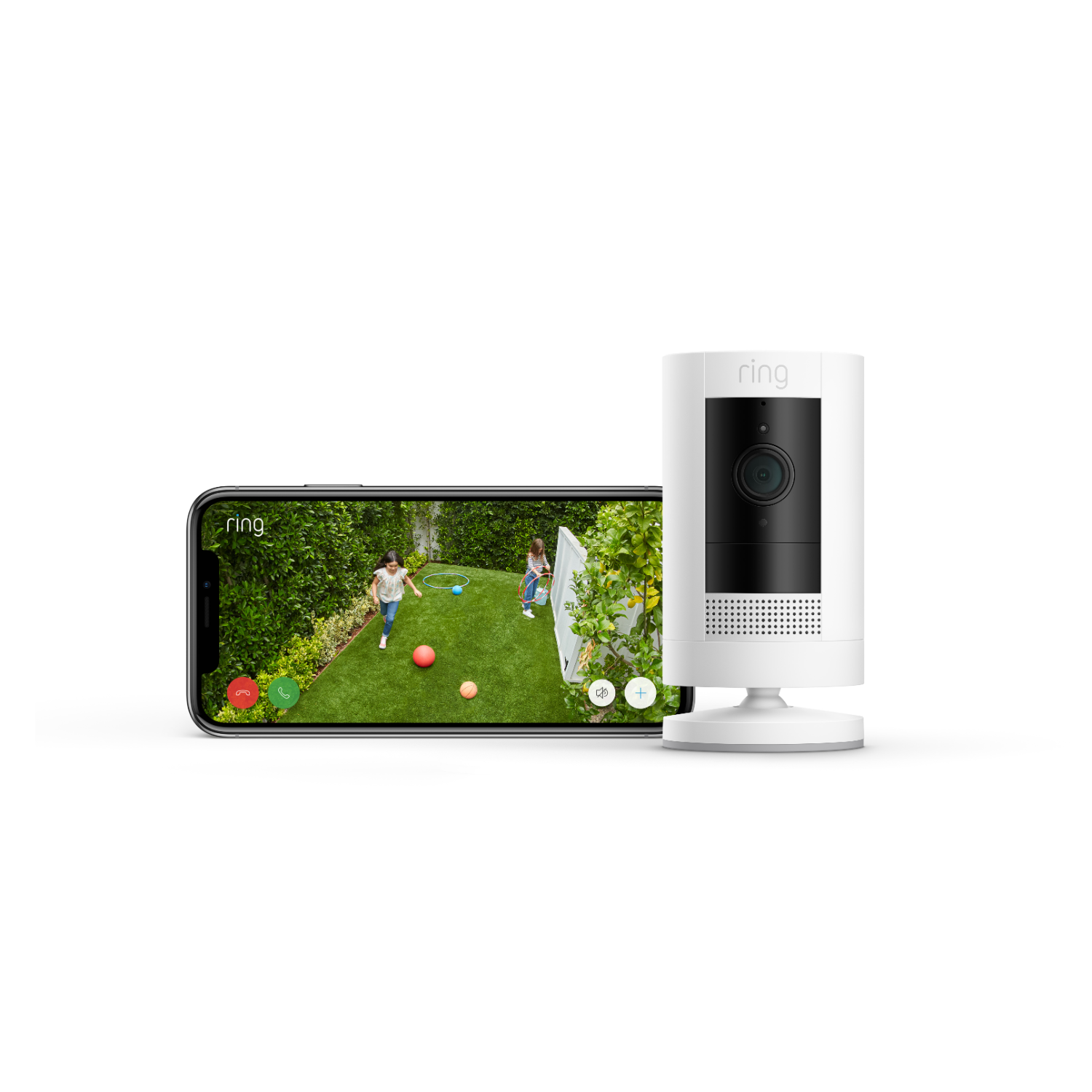 Ring beveiligingscamera, toont live beelden van spelende kinderen.