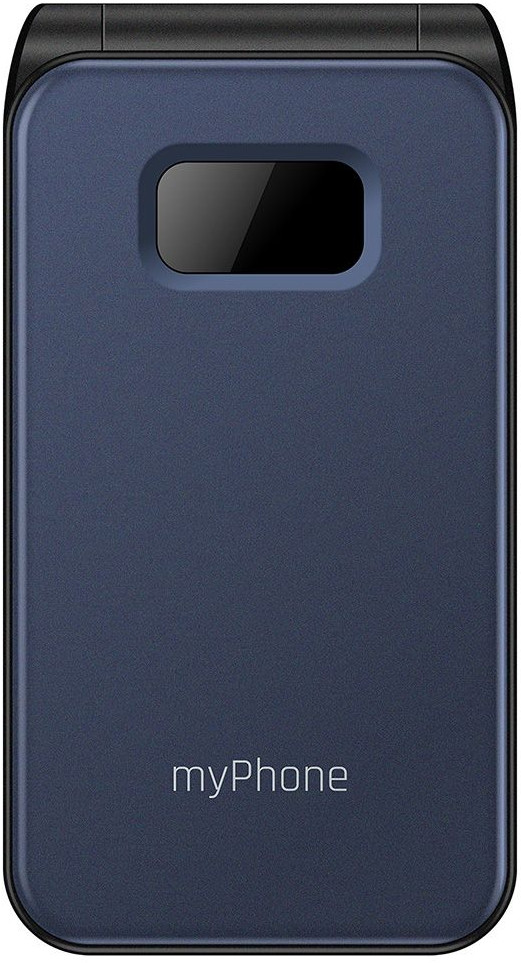 Zamknięty granatowy telefon z klapką z marką 'myPhone' na dole.