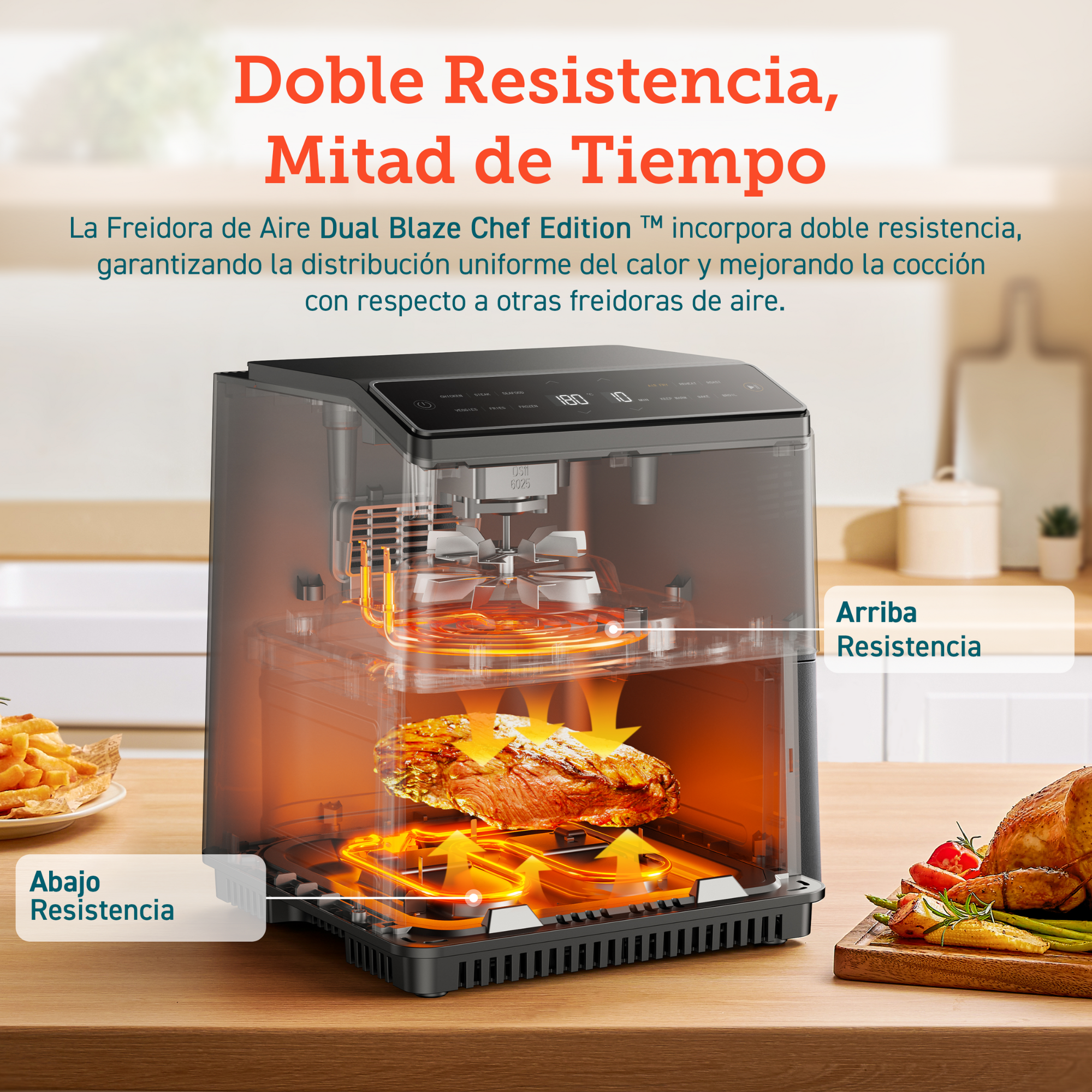Una freidora de aire con etiquetas de texto y un filete cocinado dentro.