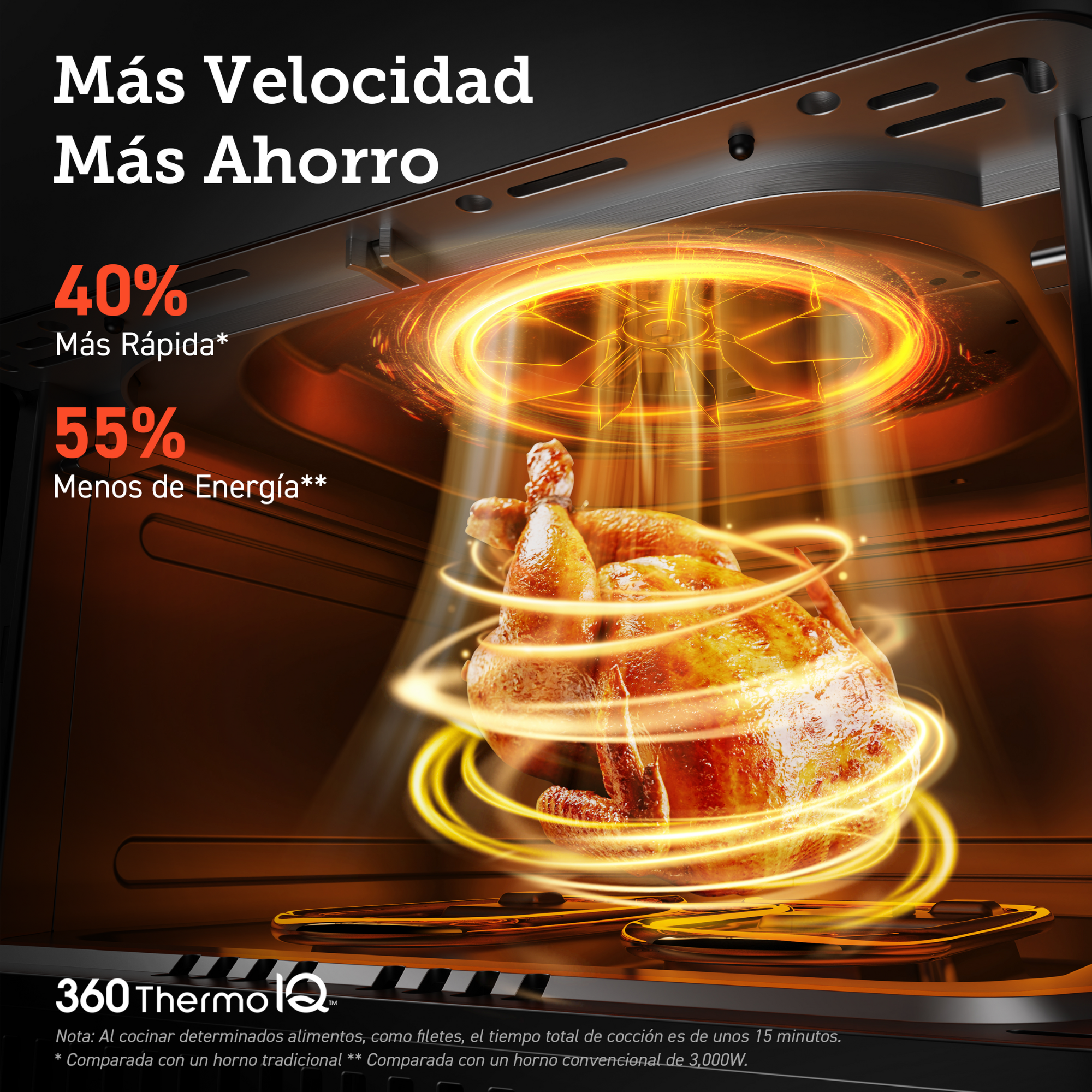 Un pollo asado dentro de un horno con líneas brillantes y texto.