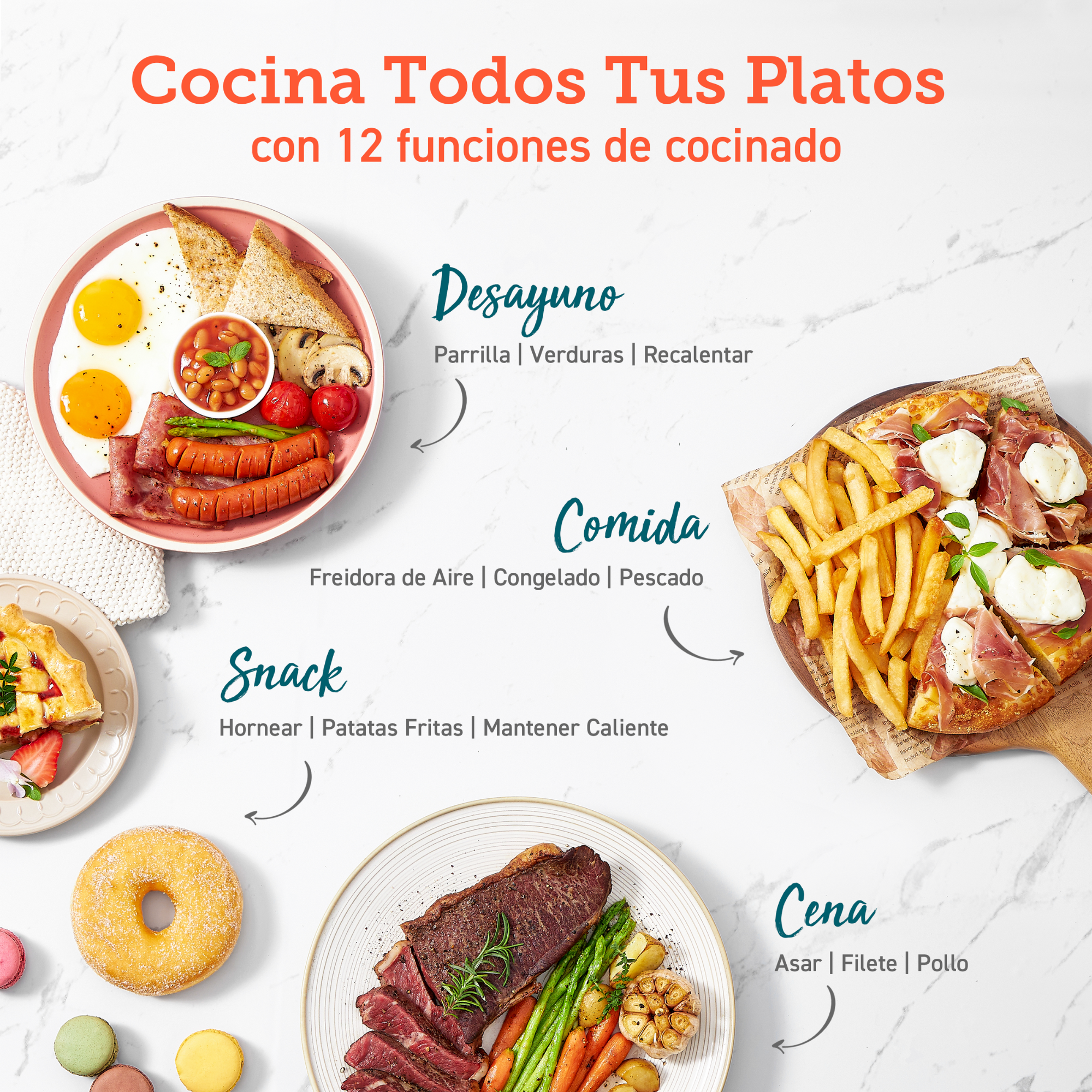 Un collage de alimentos cocinados, incluyendo desayuno, almuerzo, merienda y cena.