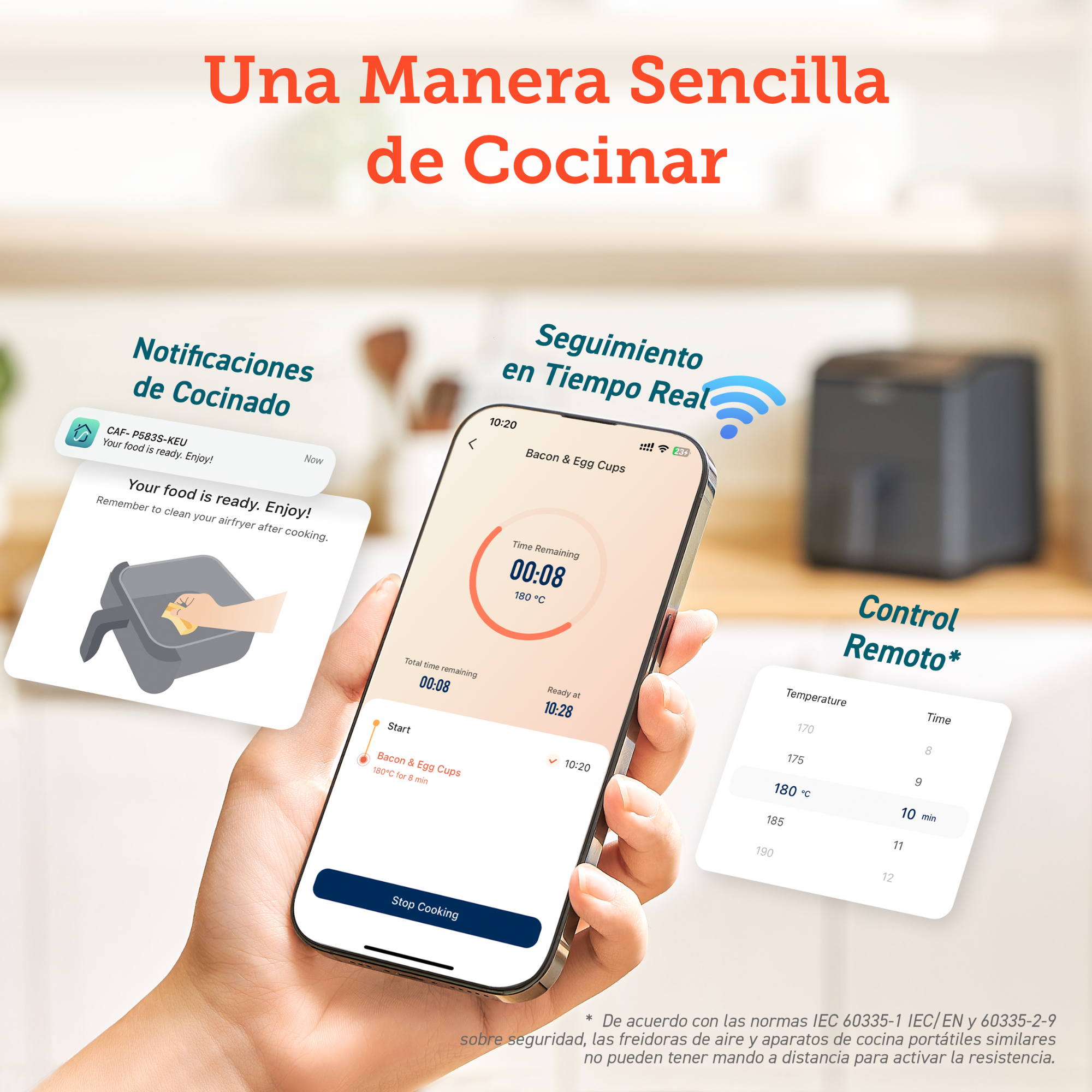 Una mujer usa un teléfono inteligente para controlar una freidora de aire.