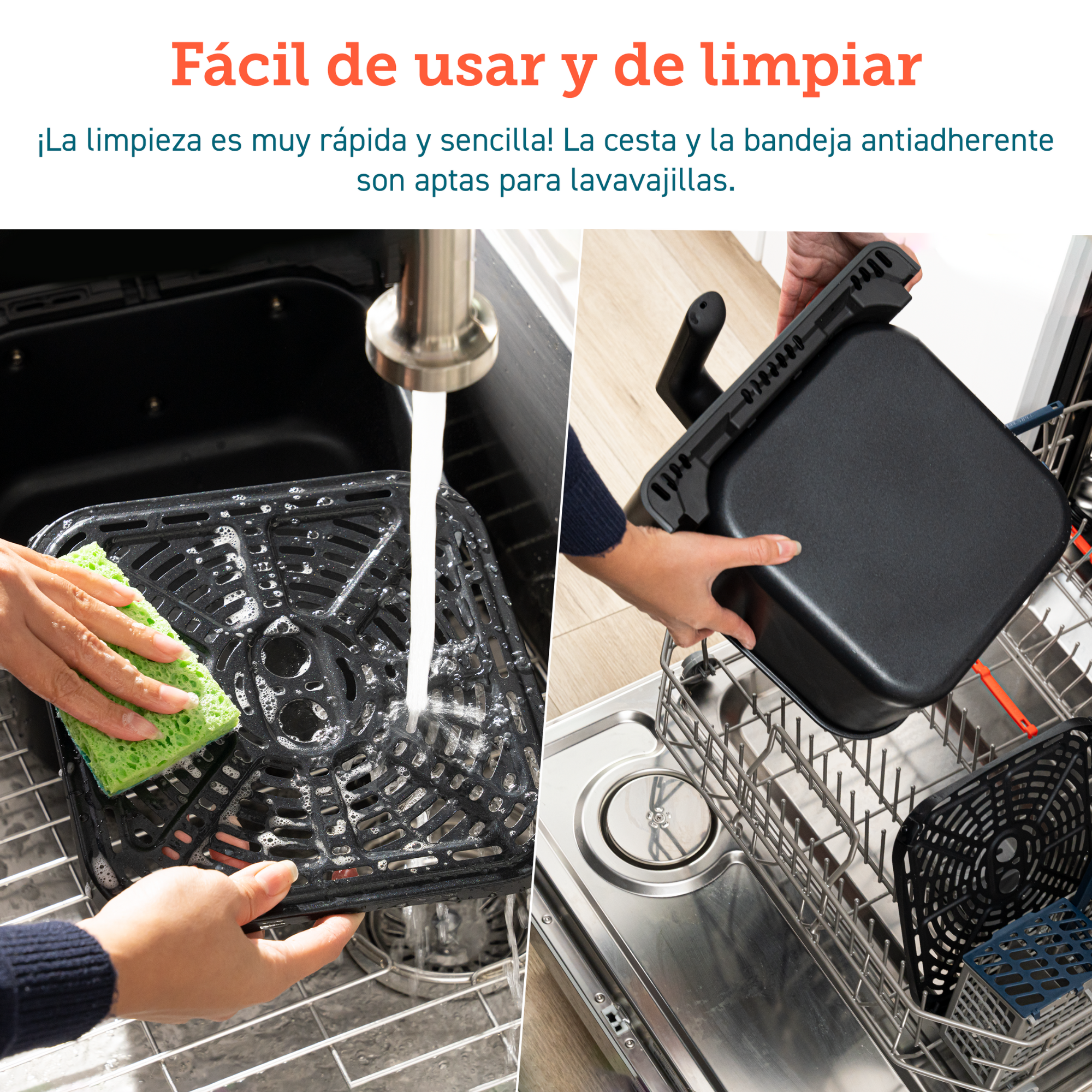 Dos imágenes que muestran la limpieza de la cesta de la freidora de aire, una con agua y esponja.