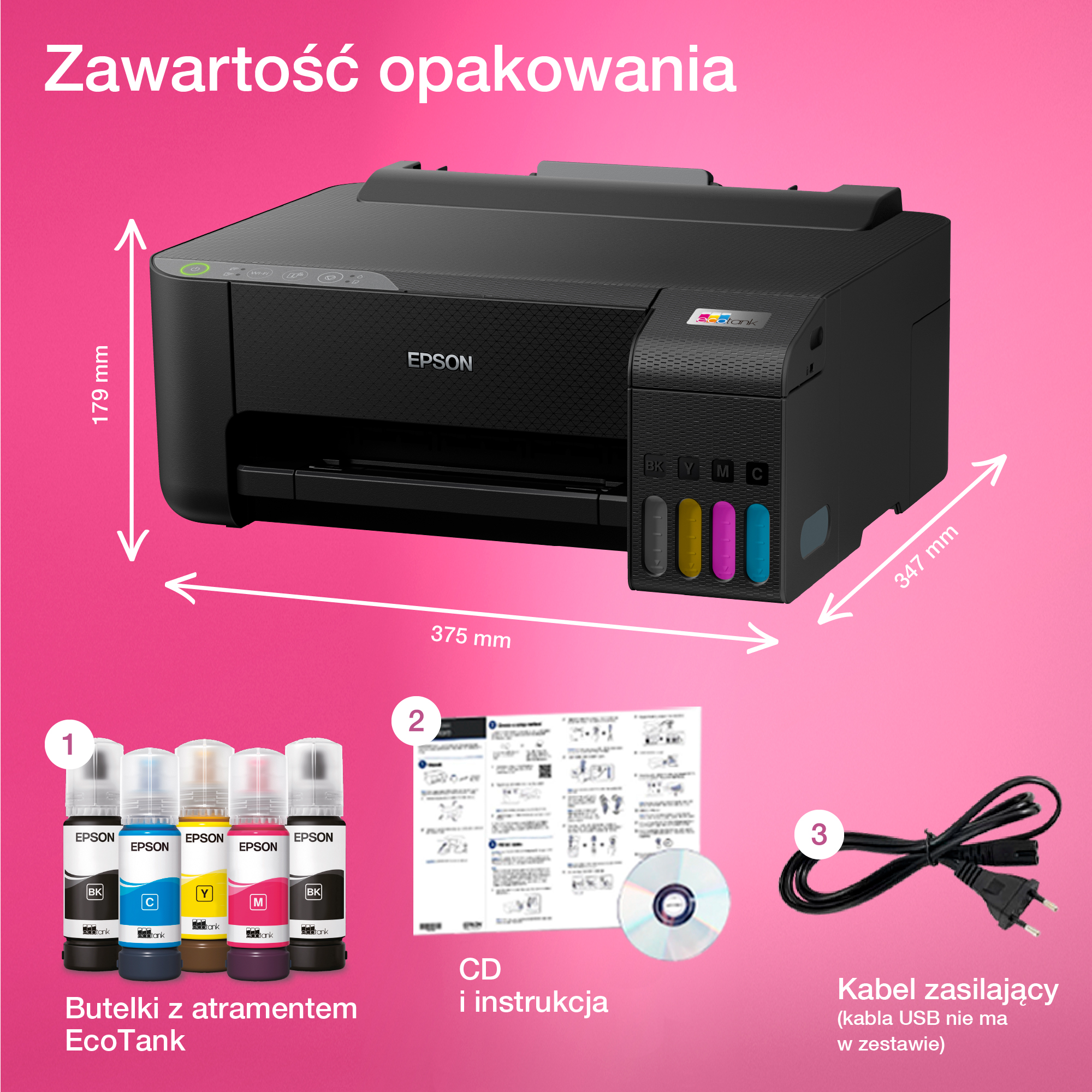 Drukarka Epson z butelkami z tuszem, płytą CD i kablem zasilającym. Wymiary są również wyświetlane.