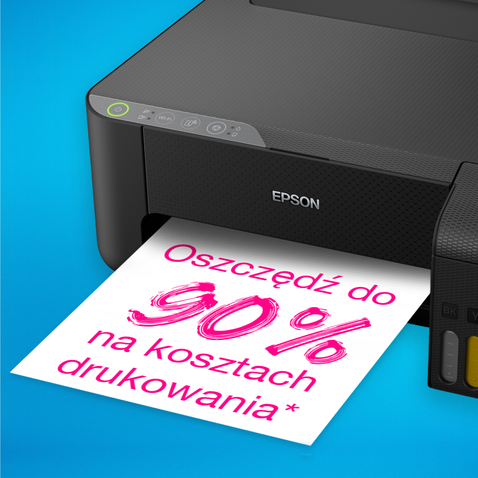 Czarna drukarka drukująca różowy papier z tekstem o oszczędnościach.