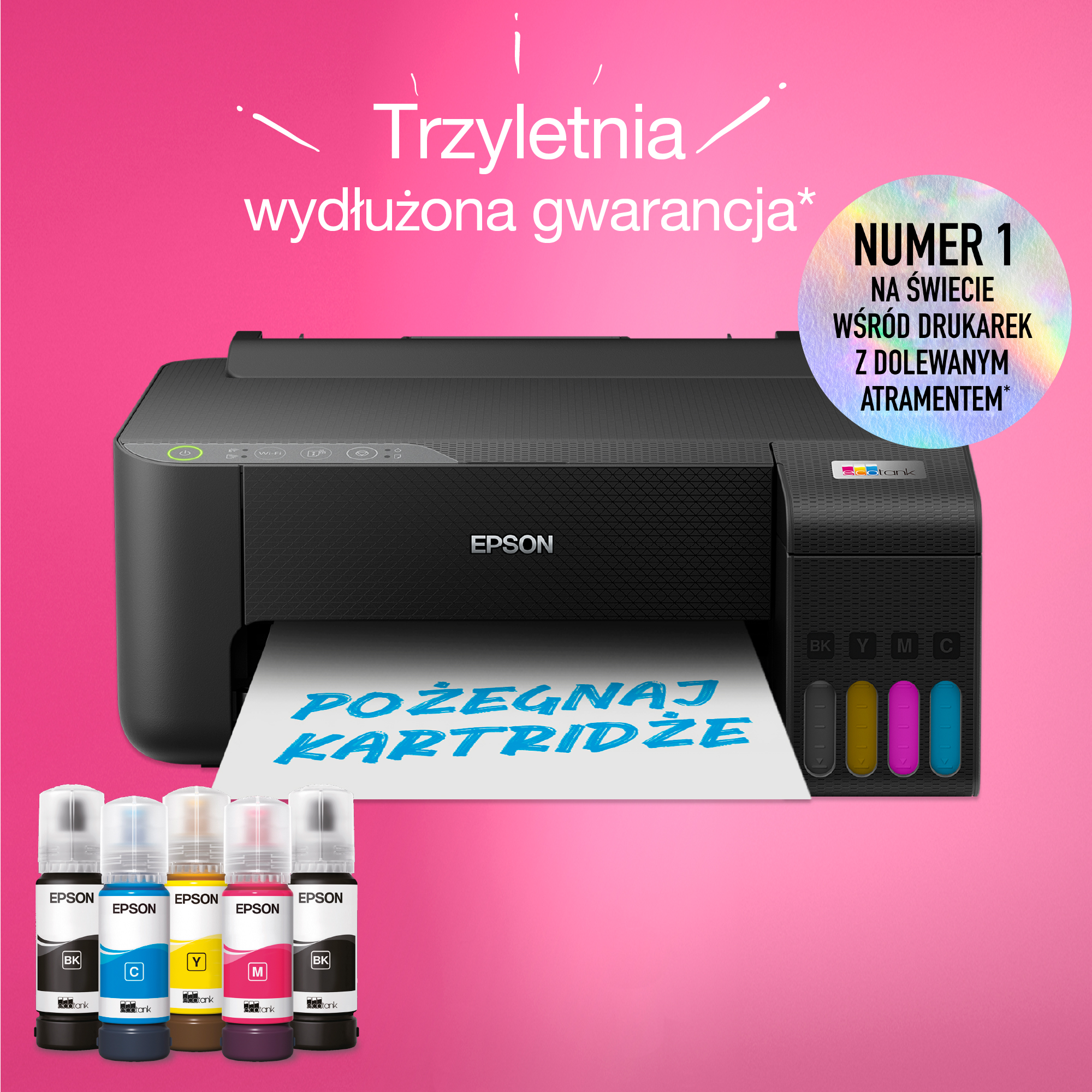 Drukarka z butelkami z tuszem. Tekst 'POŻEGNAJ KARTIDZE'. Tekst po polsku.