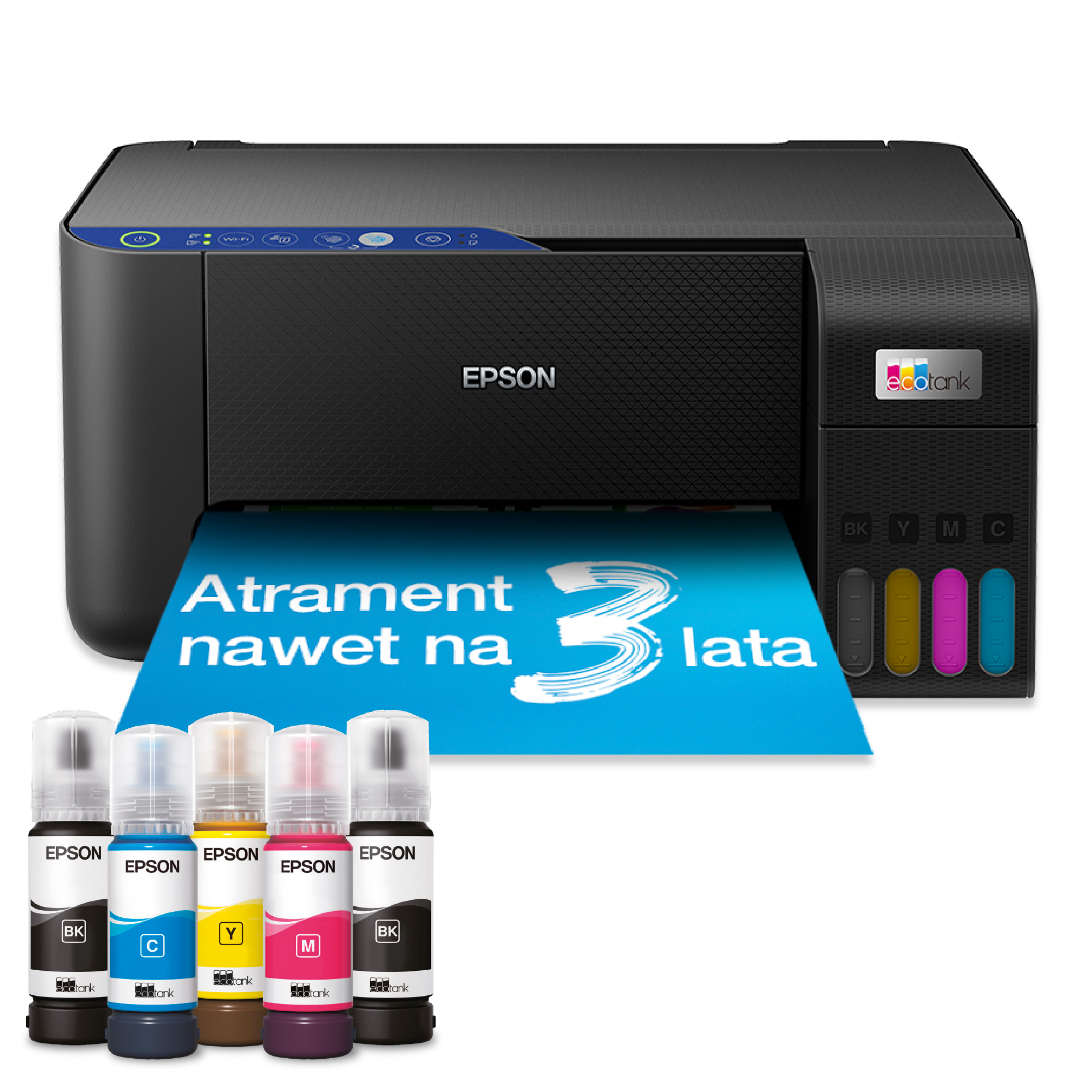 Drukarka Epson z butelkami z tuszem. Biała kartka z napisem 'Atratment nawet na 3 lata'.