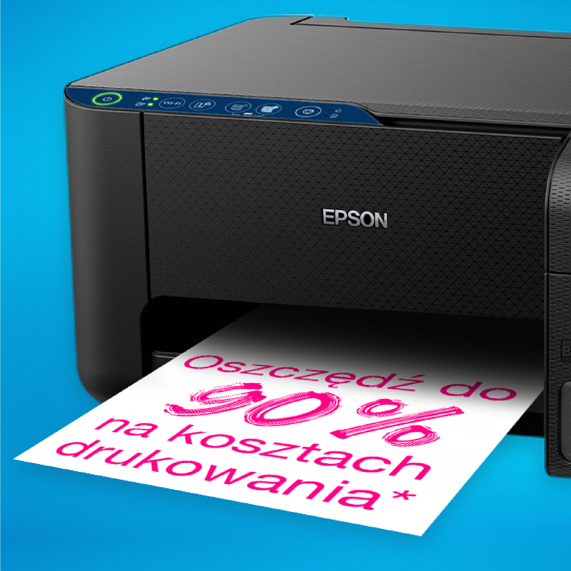 Czarna drukarka Epson drukująca papier z różowym tekstem na niebieskim tle.