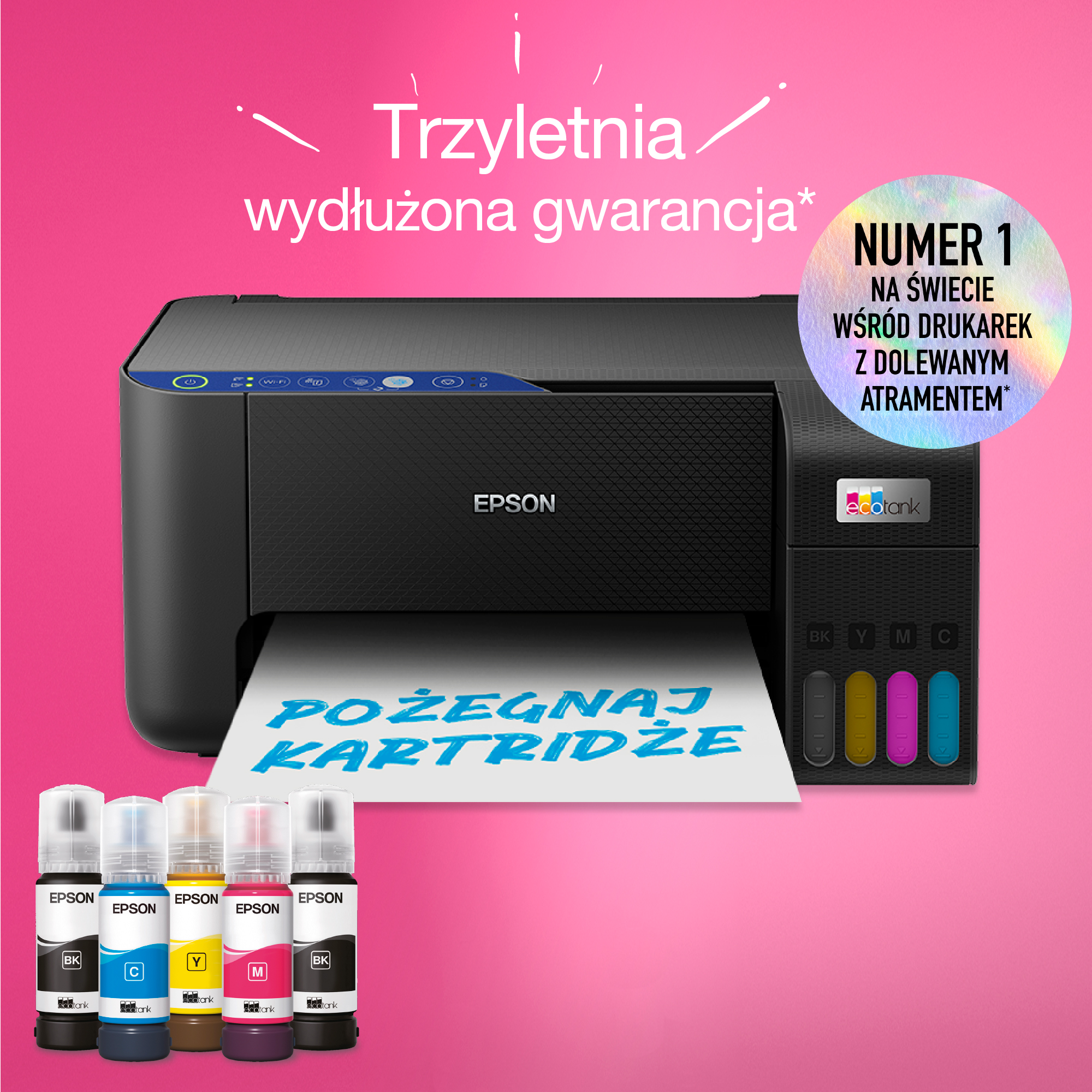 Drukarka Epson z butelkami z tuszem i tekstem w języku polskim.