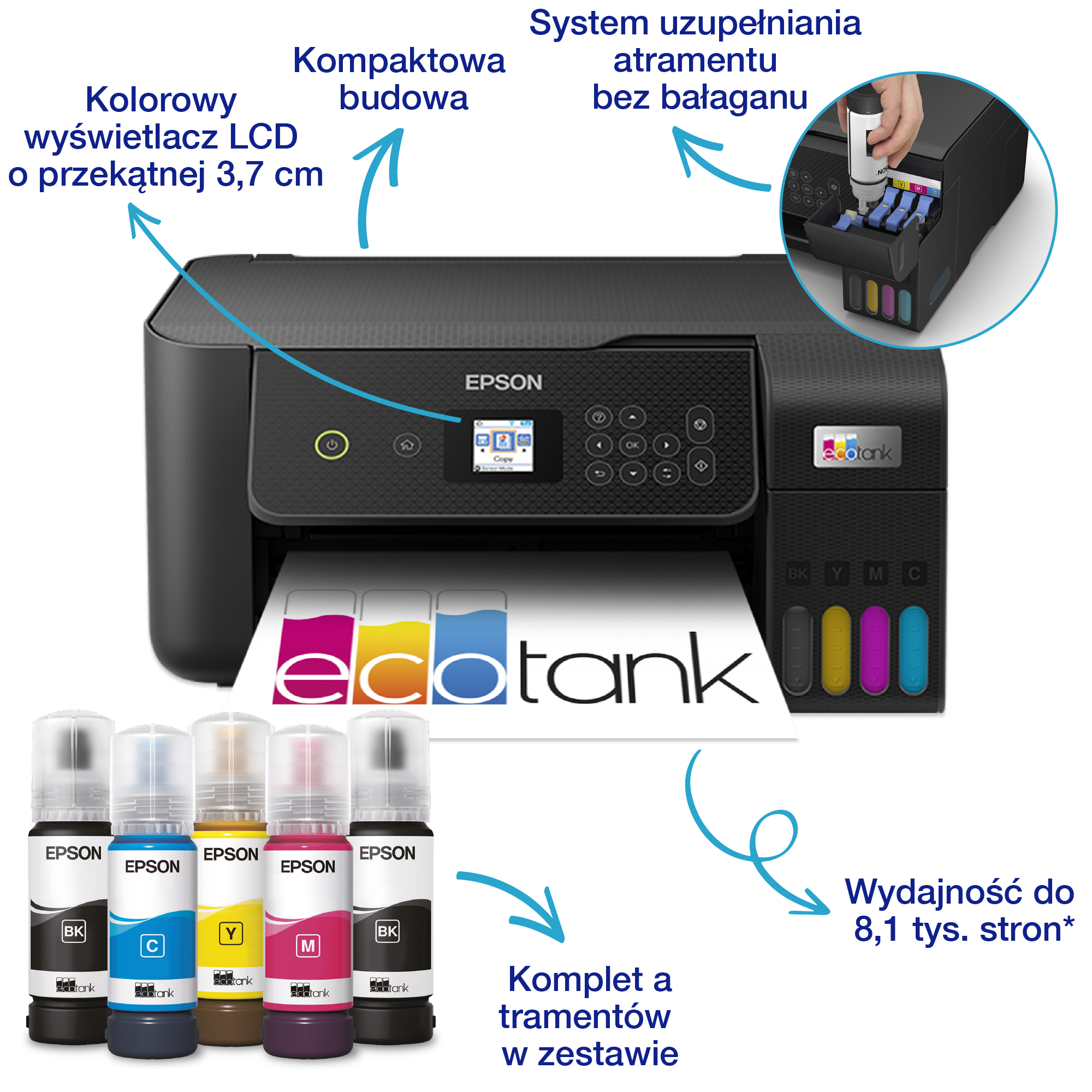 Drukarka Epson z butelkami z tuszem, pokazująca szczegóły koloru i poziomu.