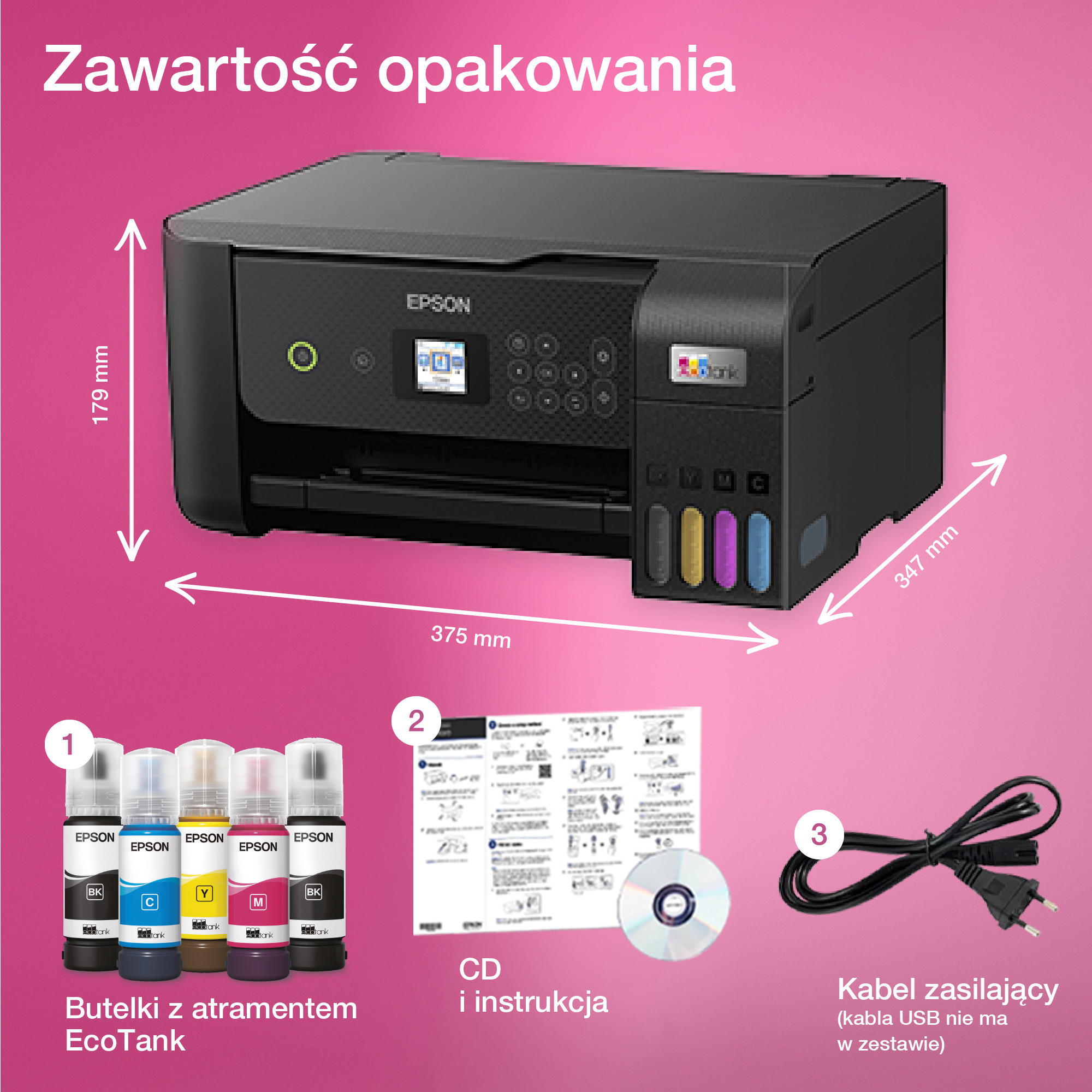 Drukarka Epson z wkładami atramentowymi i akcesoriami. Białe tło z wymiarami.