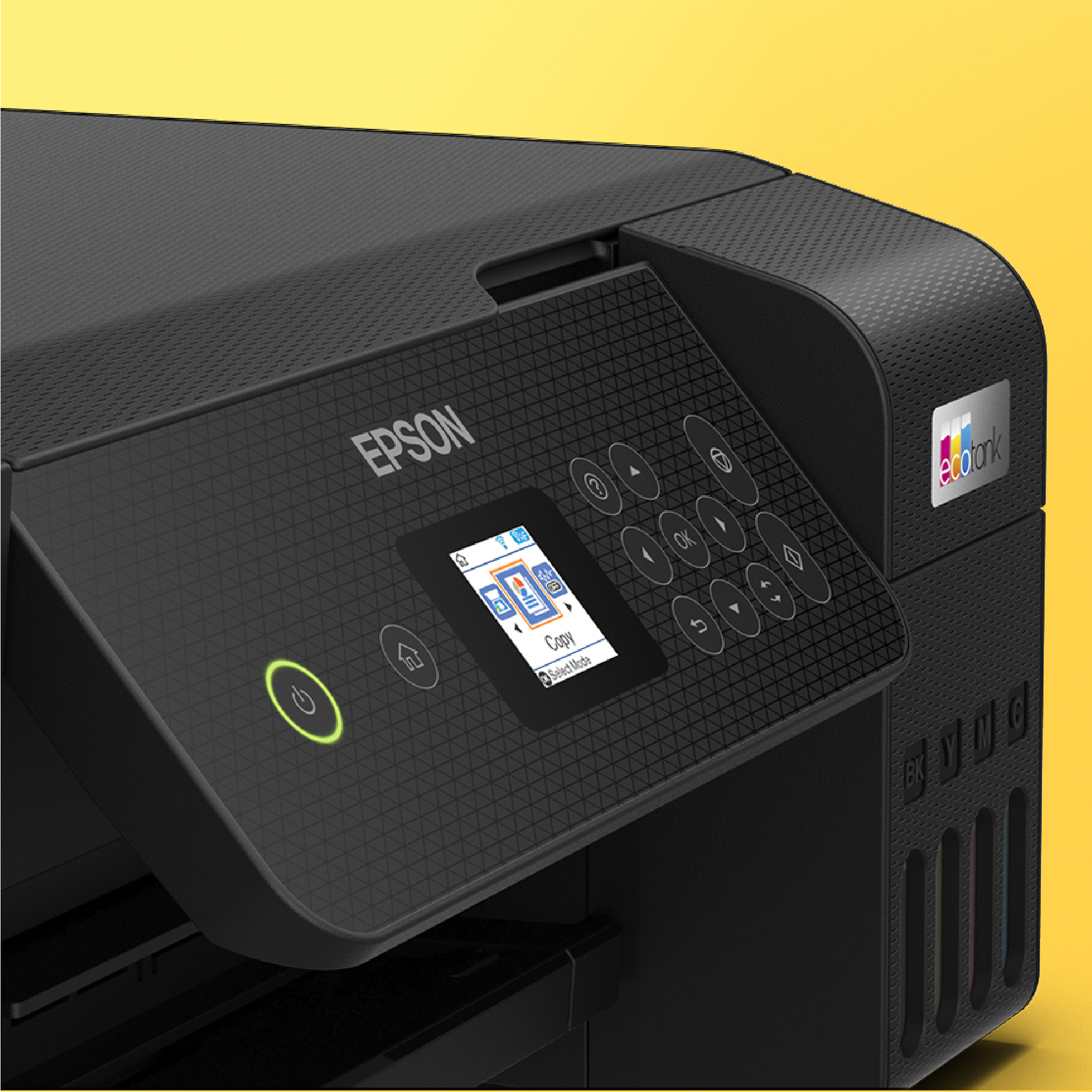 Czarna drukarka Epson z panelem sterowania i małym ekranem.