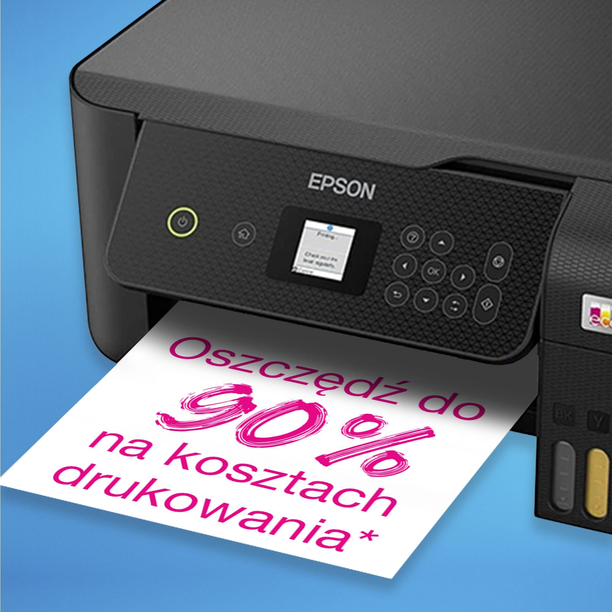 Drukarka drukuje kartkę z tekstem "Oszczędź do 90% na kosztach drukowania".