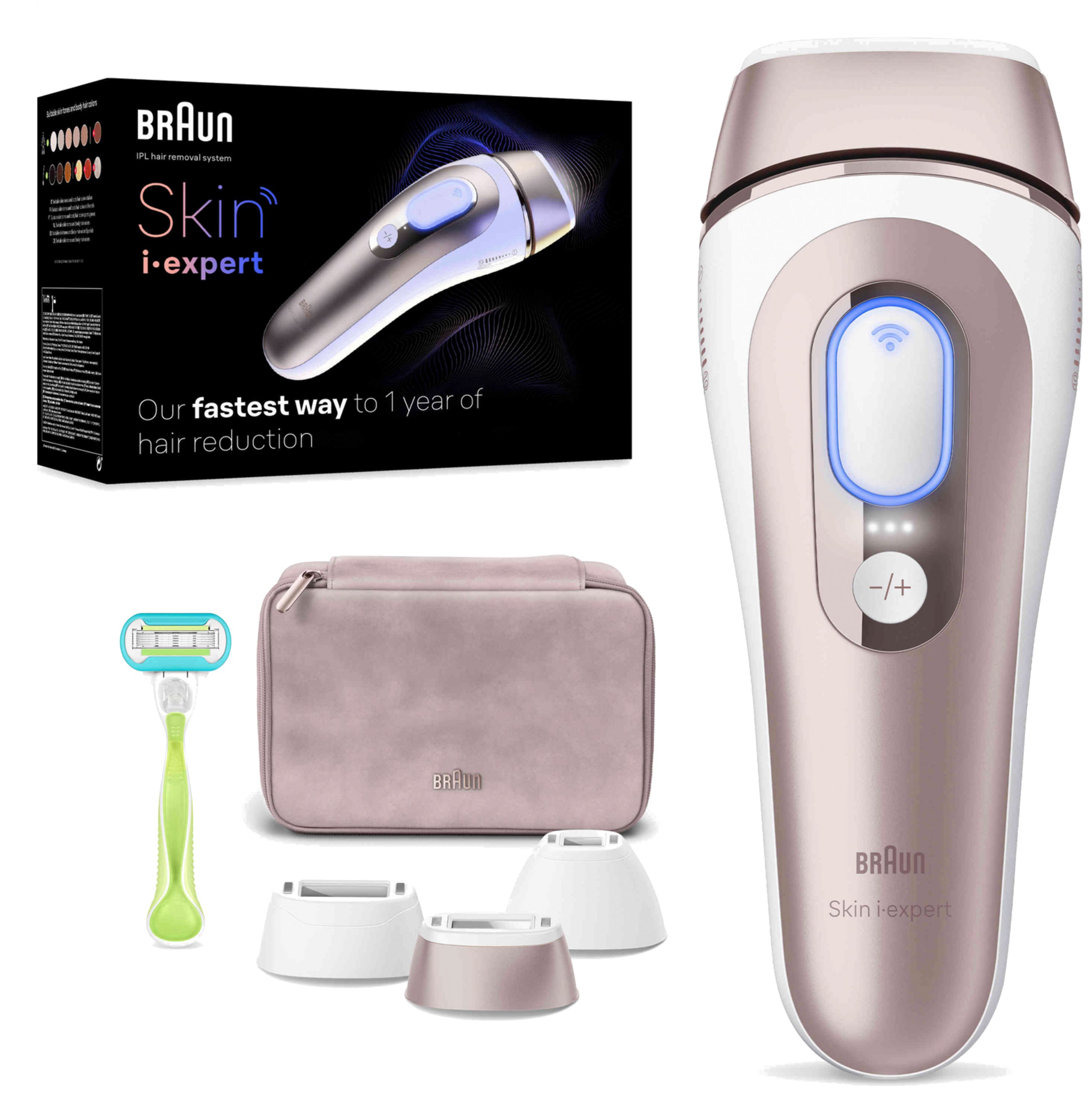 Braun Skin i-expert Haarentfernungsgerät, Zubehör und Verpackung, alles auf schwarzem Hintergrund.
