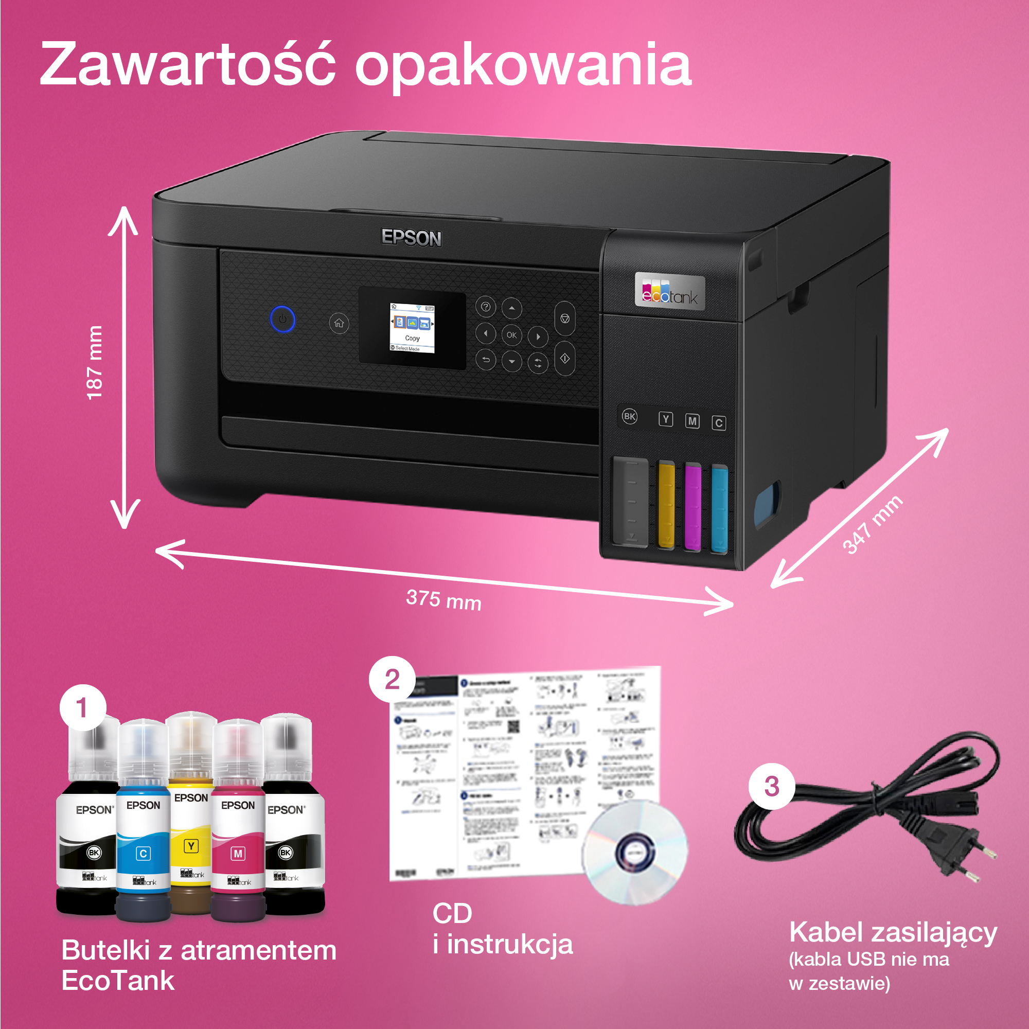 Czarna drukarka Epson z butelkami z tuszem, płytą CD i kablem zasilającym, oznaczone.