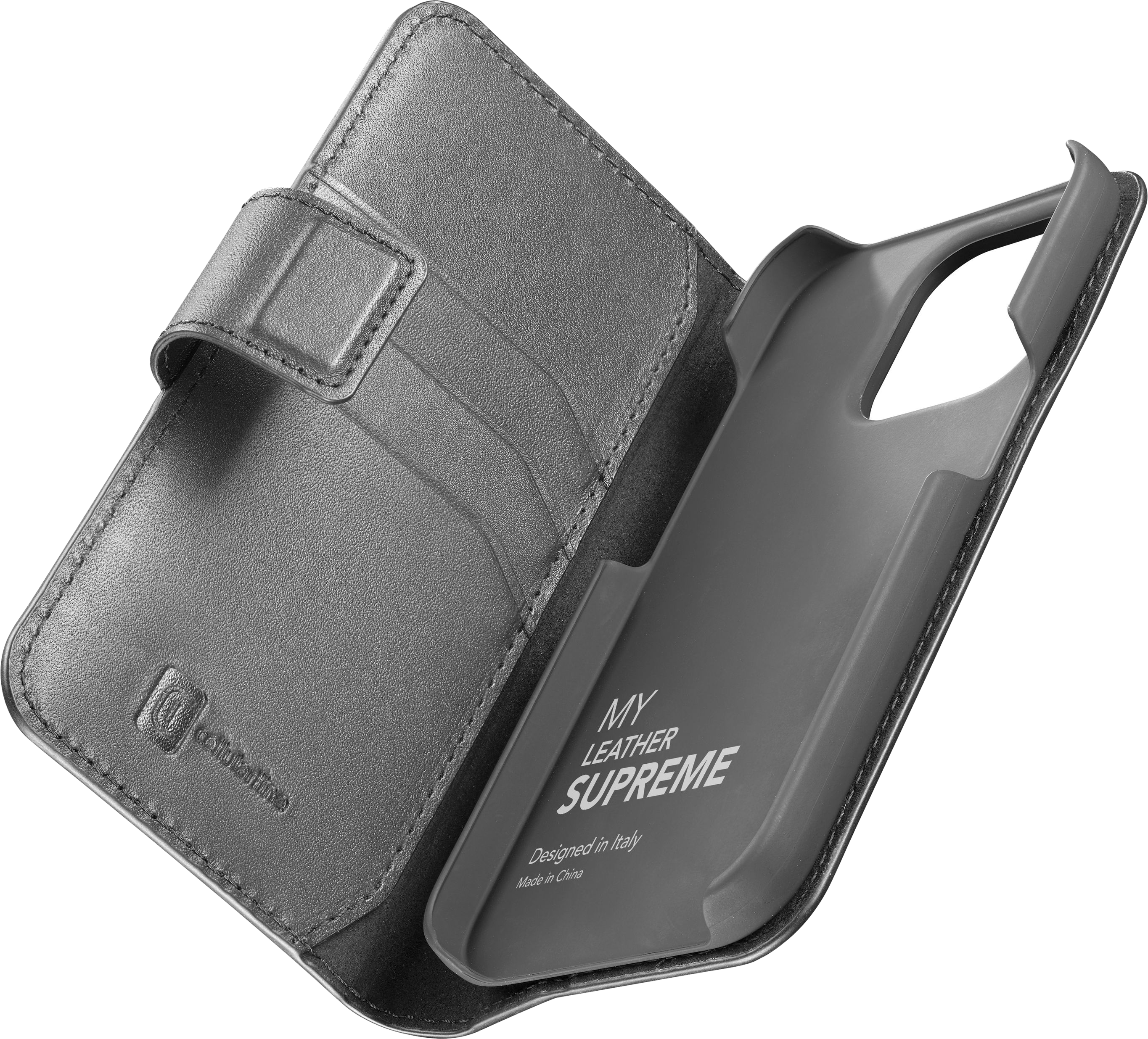 Étui de téléphone en cuir gris avec fermoir magnétique. À l'intérieur, le téléphone est maintenu dans un cadre en plastique gris.