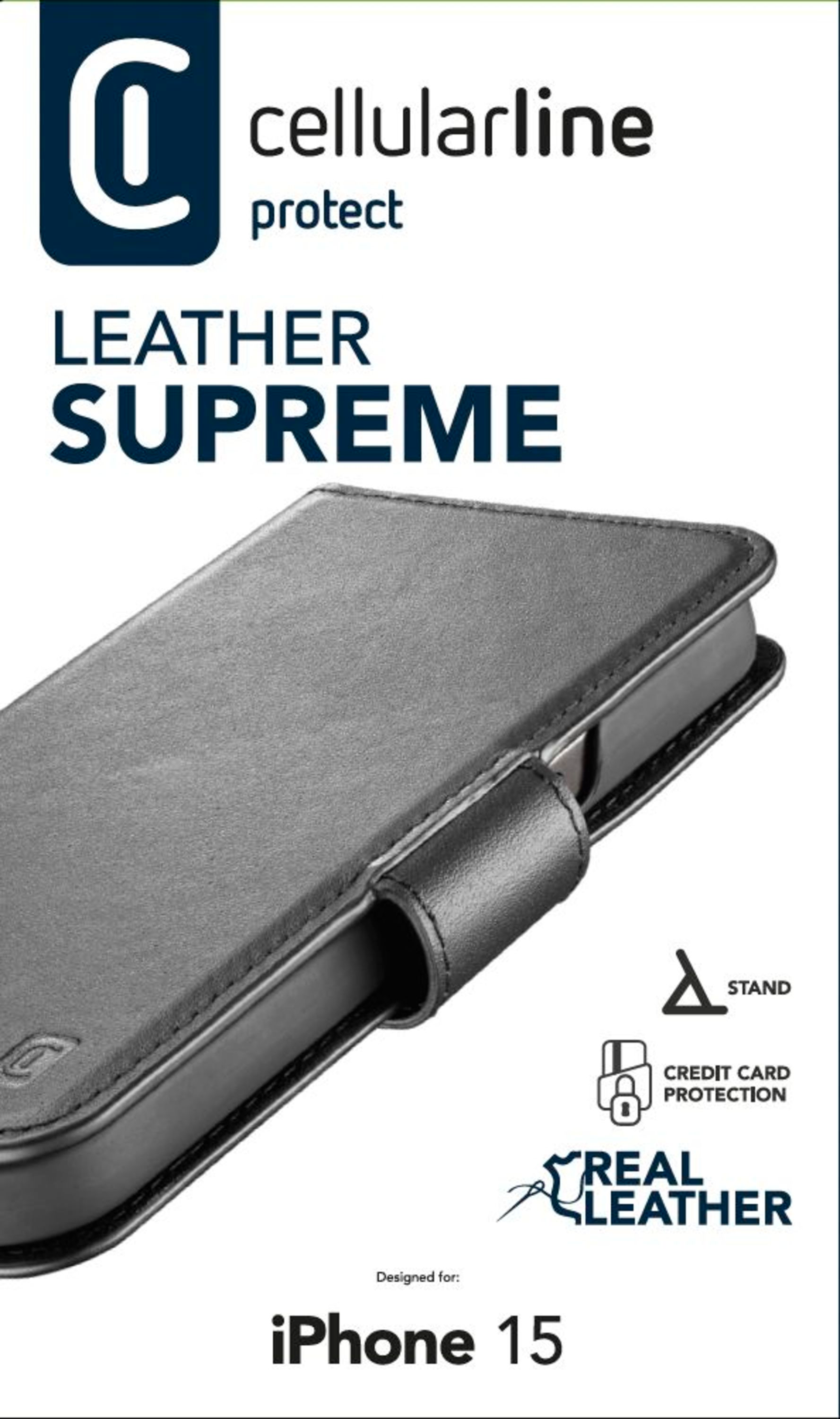 Étui de téléphone en cuir noir avec fermeture magnétique et les mots 'Leather Supreme' à l'avant.