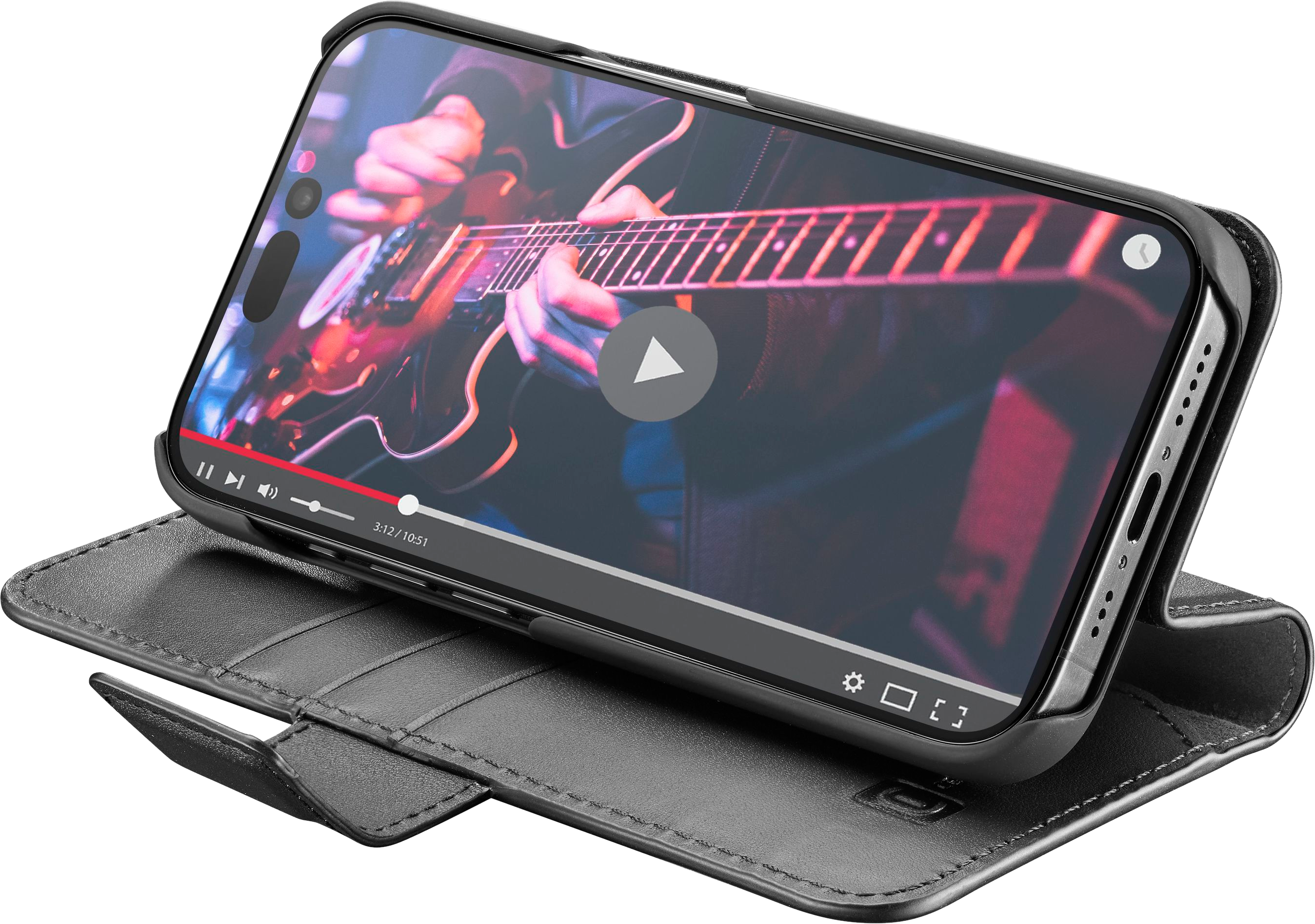 Un téléphone dans un étui noir, affichant une vidéo d'un guitariste. L'étui est relevé.