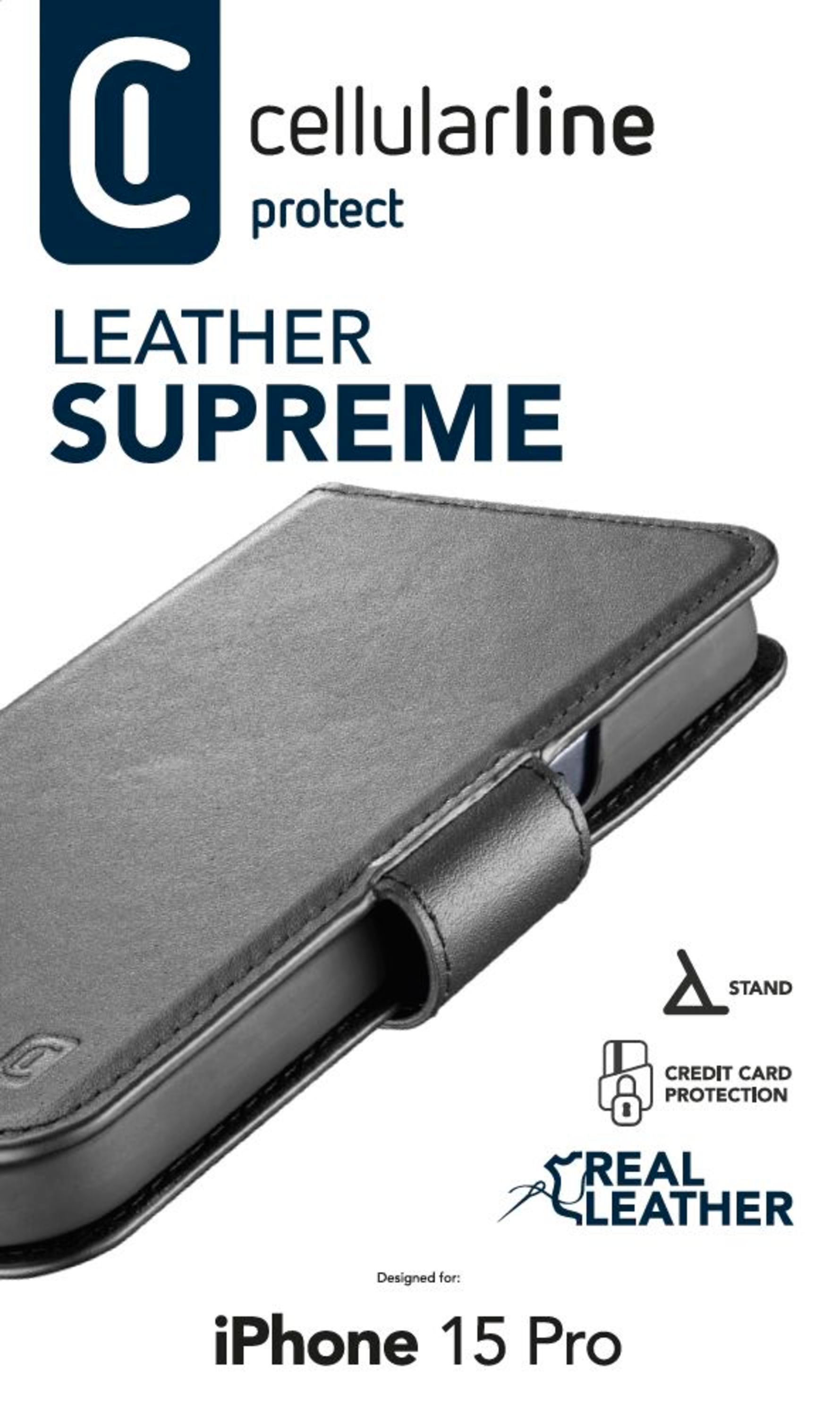 Étui de téléphone en cuir noir avec un rabat et une sangle. La marque 'Cellularline'.