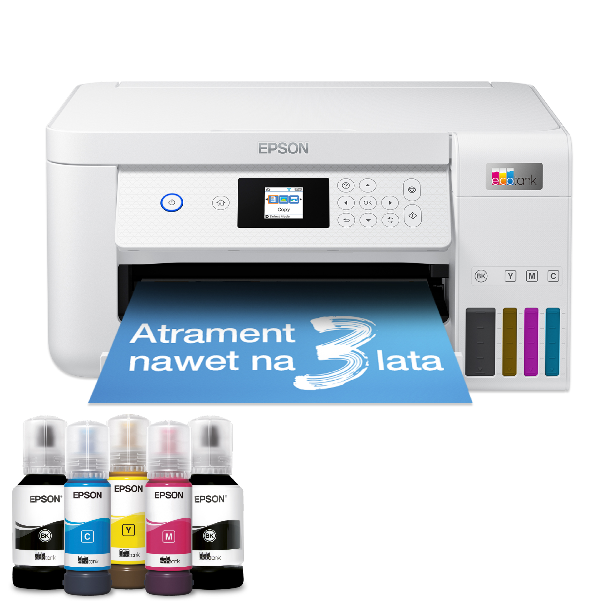 Biała drukarka Epson z butelkami z tuszem. Niebieski papier z tekstem. Białe tło.