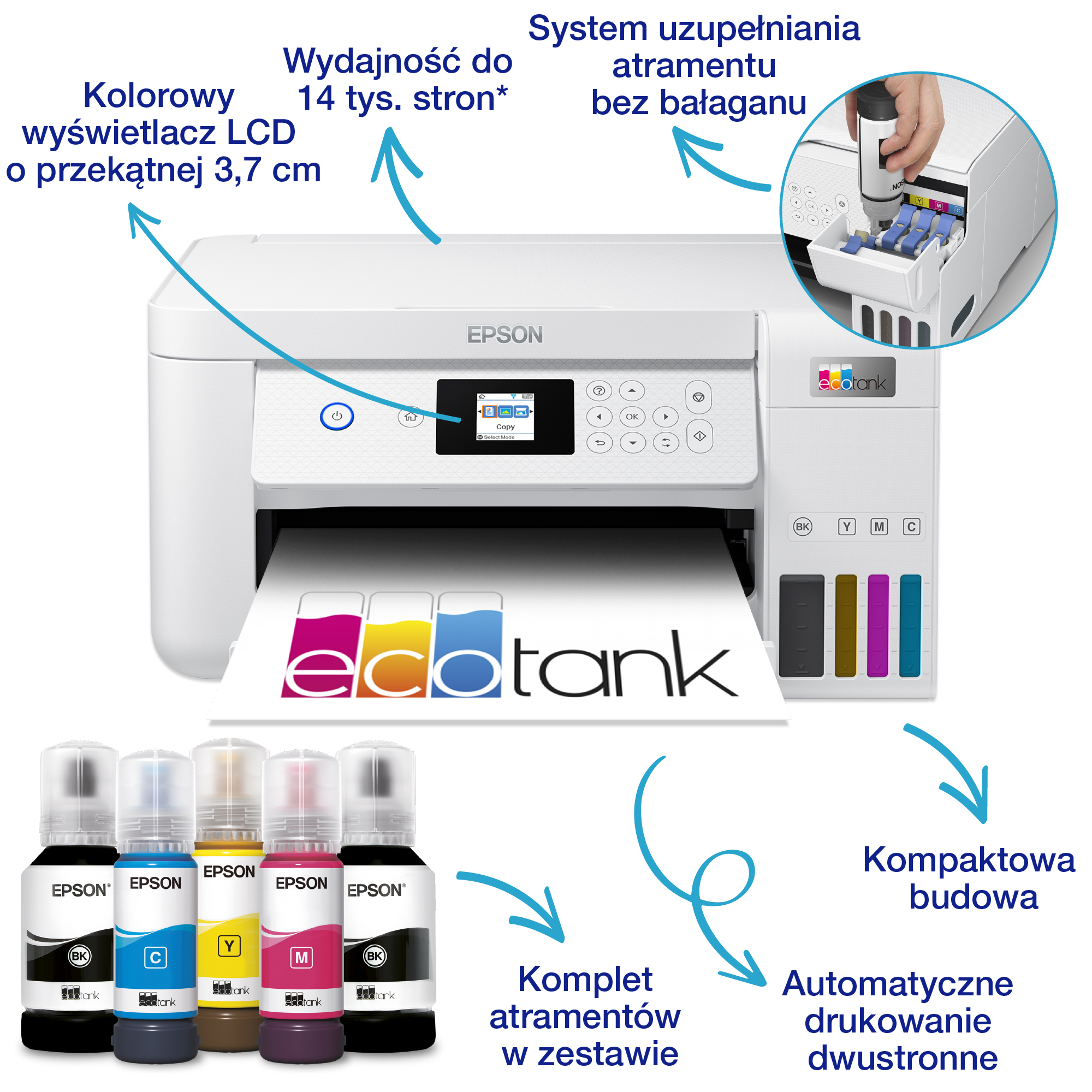 Biała drukarka Epson z butelkami z tuszem, pokazująca system napełniania i wyjście papieru.