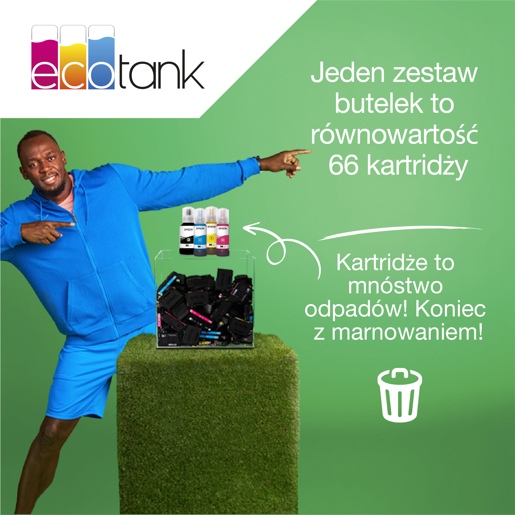 Mężczyzna wskazujący na ekspozycję wkładów atramentowych. Tekst wspomina o równoważności 66 wkładów. Zielone tło.