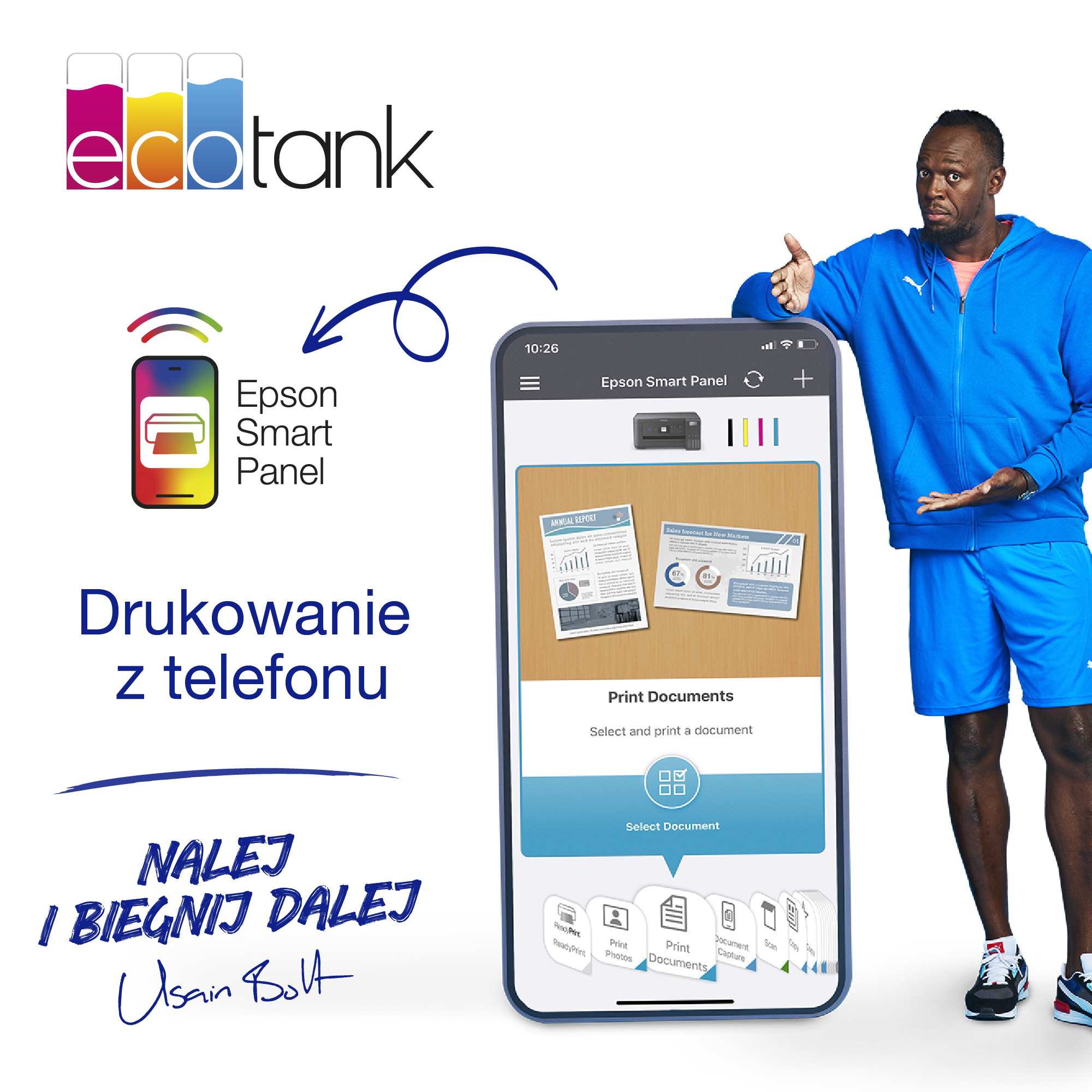 Usain Bolt z telefonem pokazującym opcje drukowania. Epson Smart Panel jest w lewym górnym rogu telefonu.