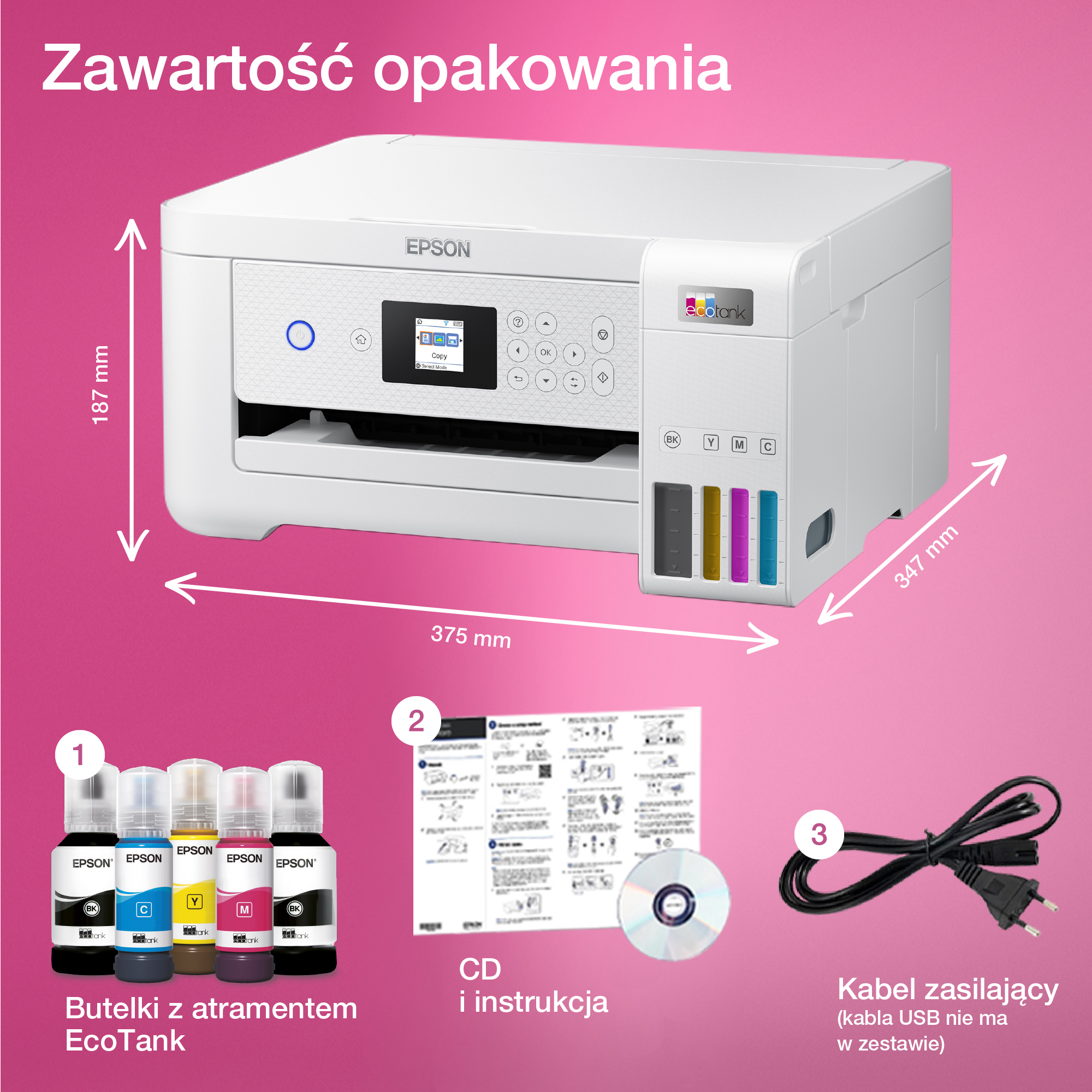 Drukarka Epson z butelkami z tuszem, płytą CD i kablem zasilającym. Wymiary są zaznaczone.