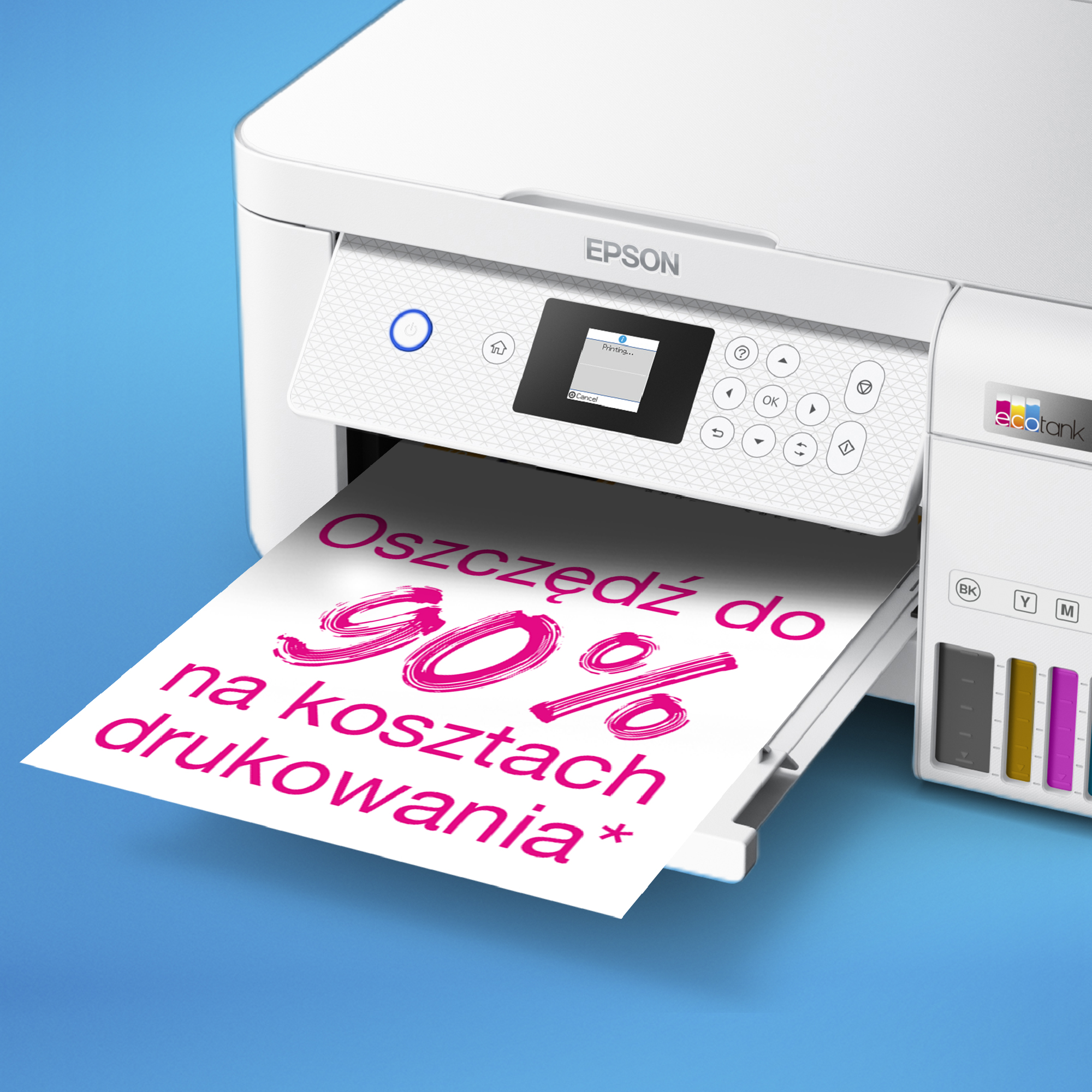 Drukarka Epson drukująca papier z tekstem 'Zaoszczędź do 90% na kosztach drukowania'.
