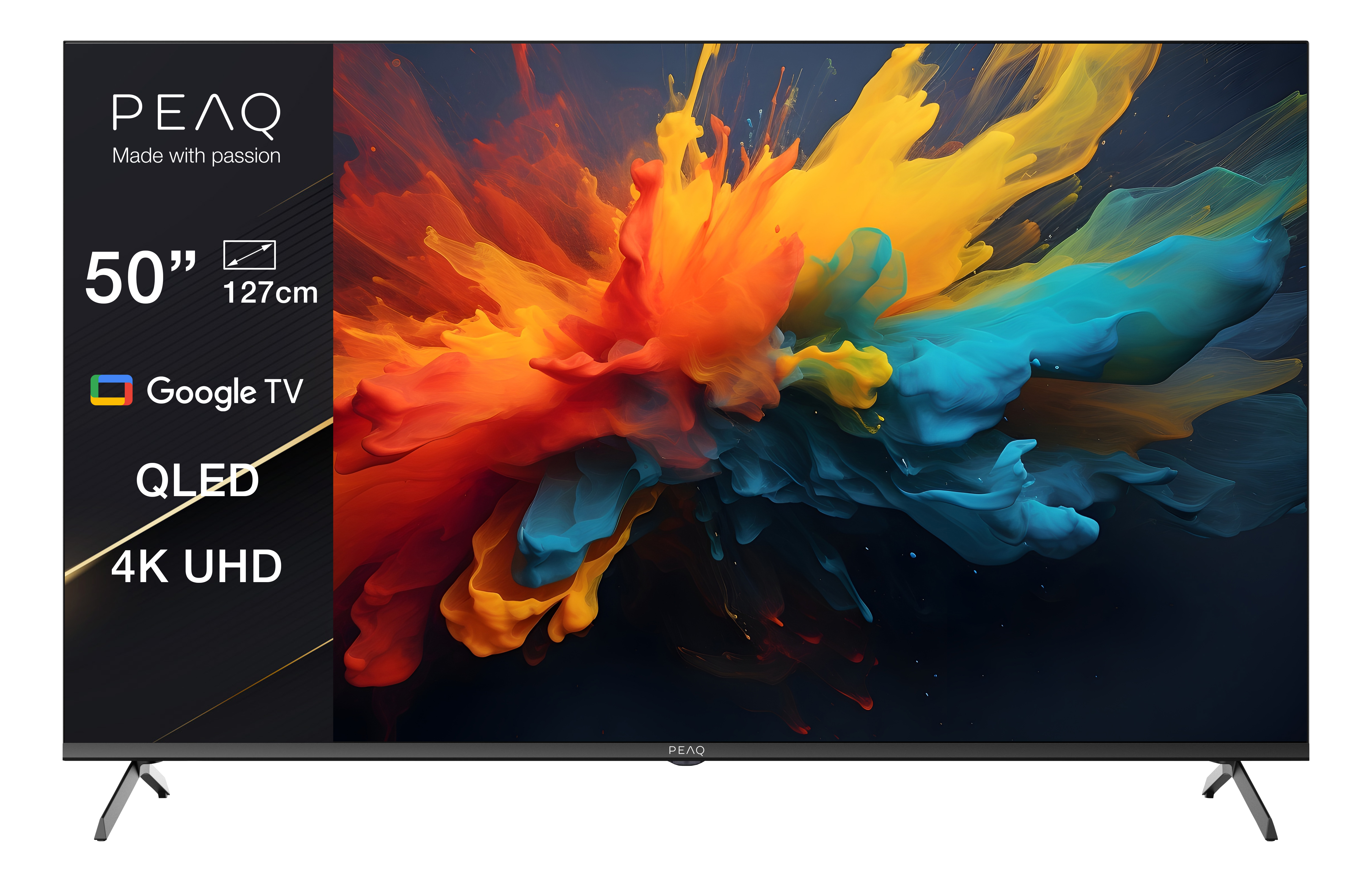 50-Zoll-QLED-4K-UHD-TV mit farbenfroher abstrakter Kunst auf dem Bildschirm. Schwarzer Rahmen.
