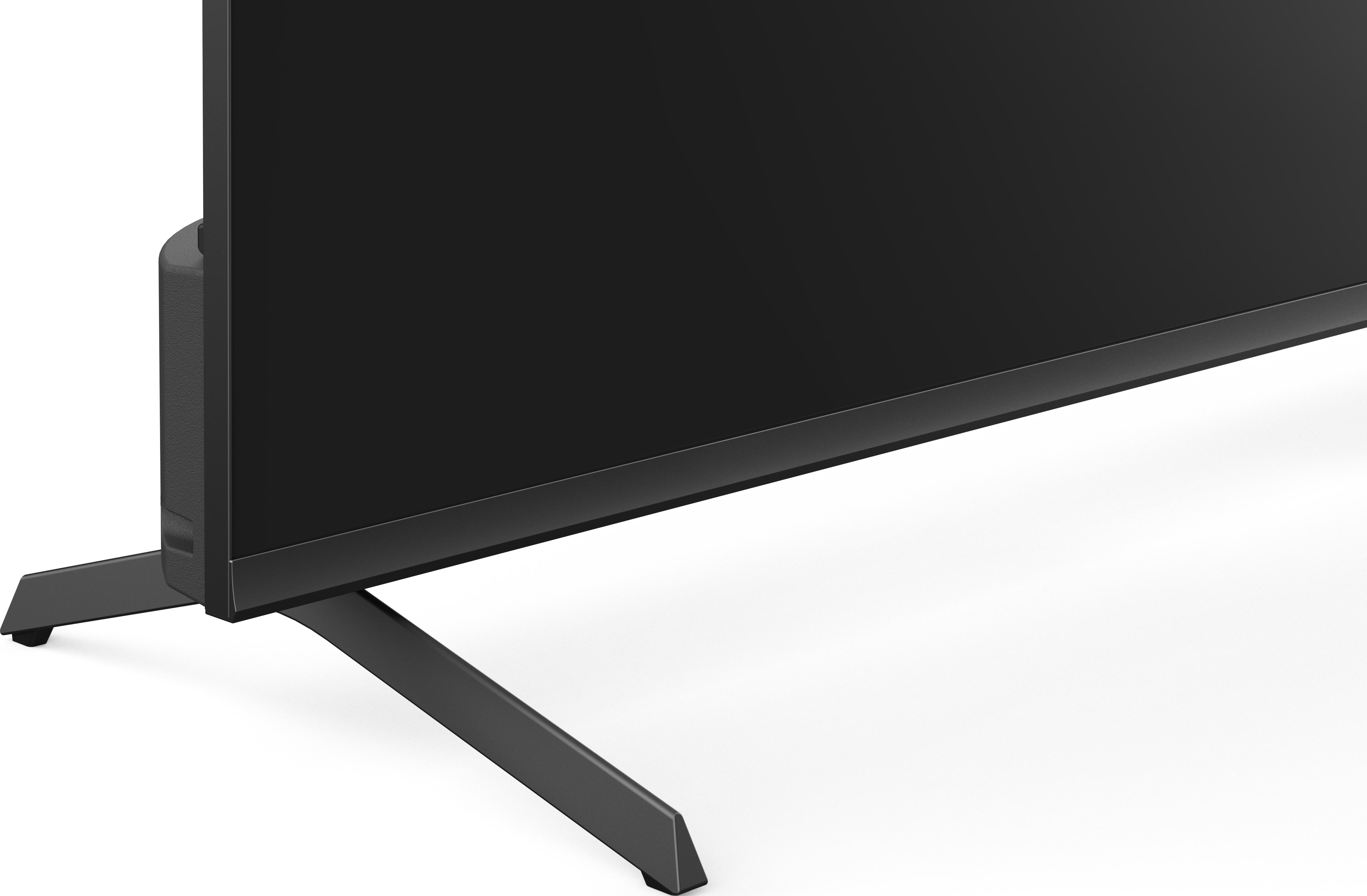 Base supporto TV con gambe nere angolate su superficie bianca.