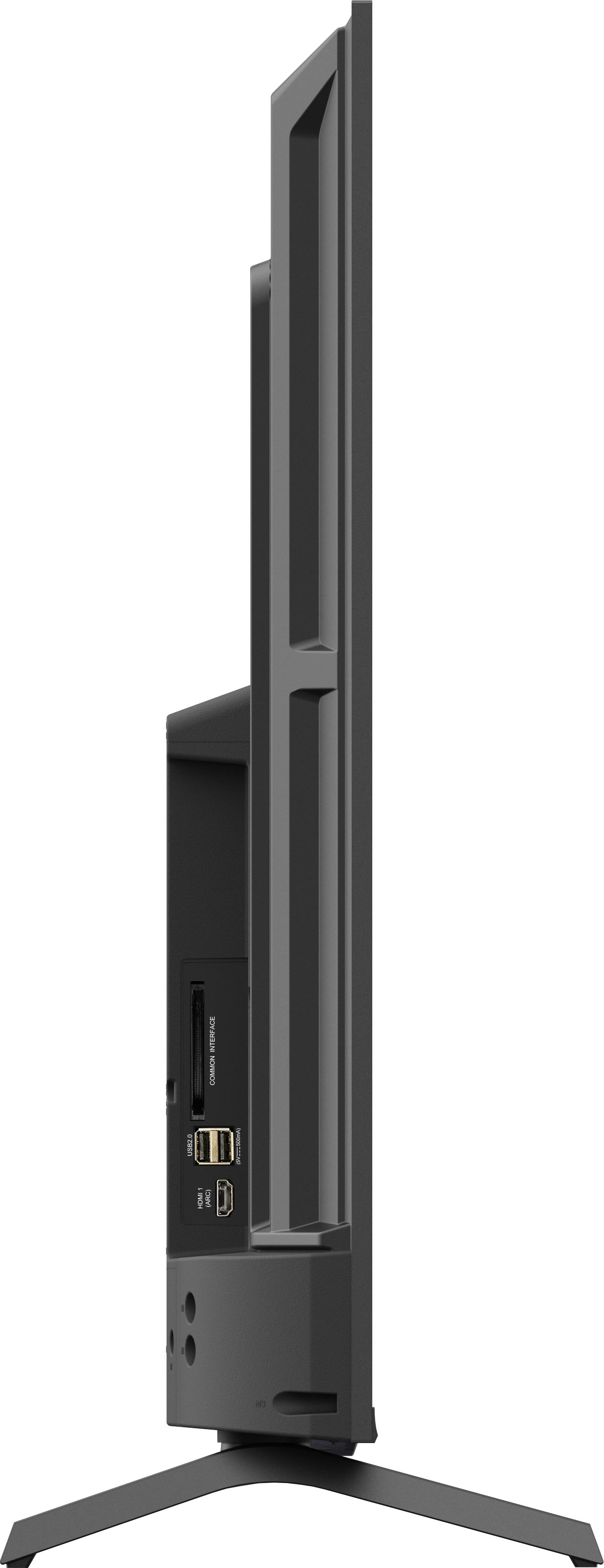Una TV nera di lato che mostra porte e supporto. Lo schermo è spento.