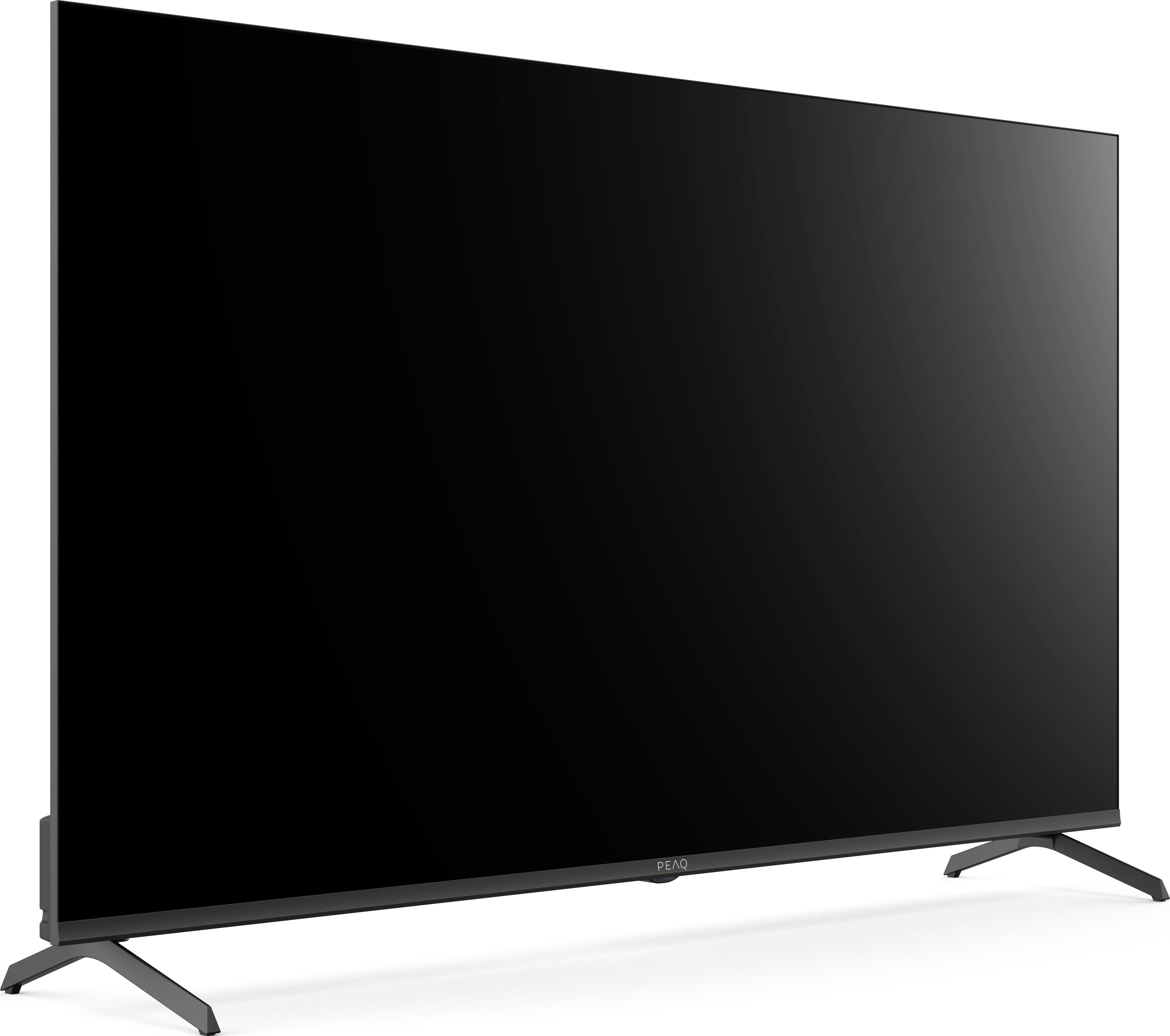 Grande TV a schermo piatto nero su sfondo bianco.