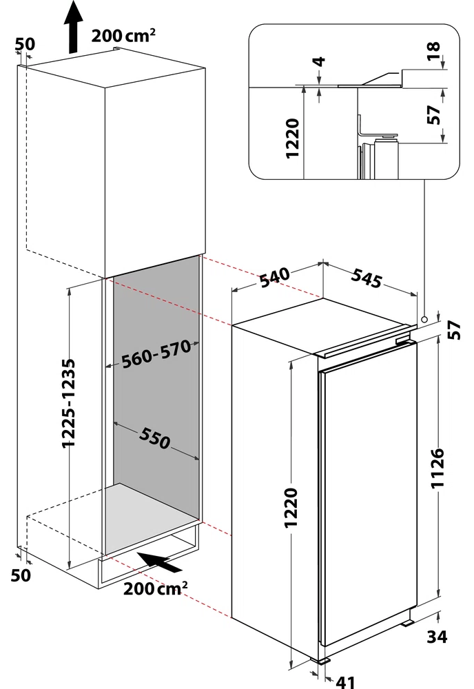 Hűtőszekrény méreteinek és beépítésének diagramja, cm-ben méretekkel.