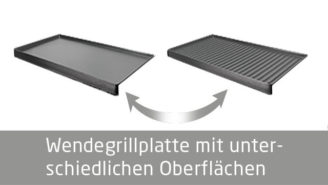 Wende-Grillplatte mit zwei Seiten: flach und geriffelt für unterschiedliches Kochen.
