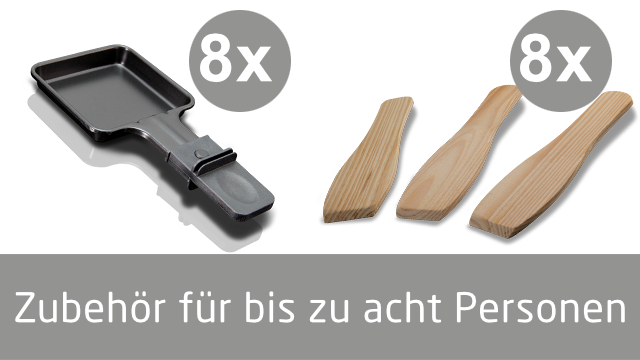 Raclette-Grillpfanne und Holzspatel. Text: Zubehör für bis zu acht Personen.