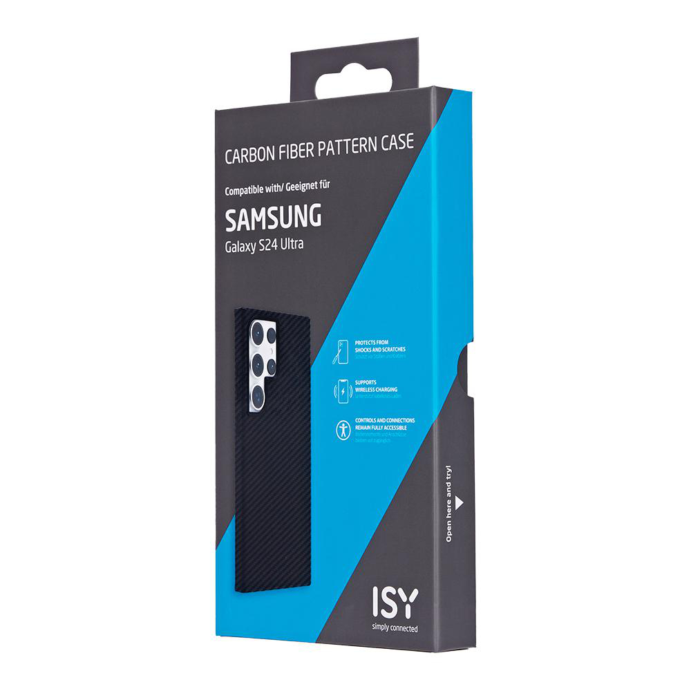 Eine schwarze und blaue Box für eine Samsung Galaxy S24 Ultra Handyhülle. Enthält Produktdetails.