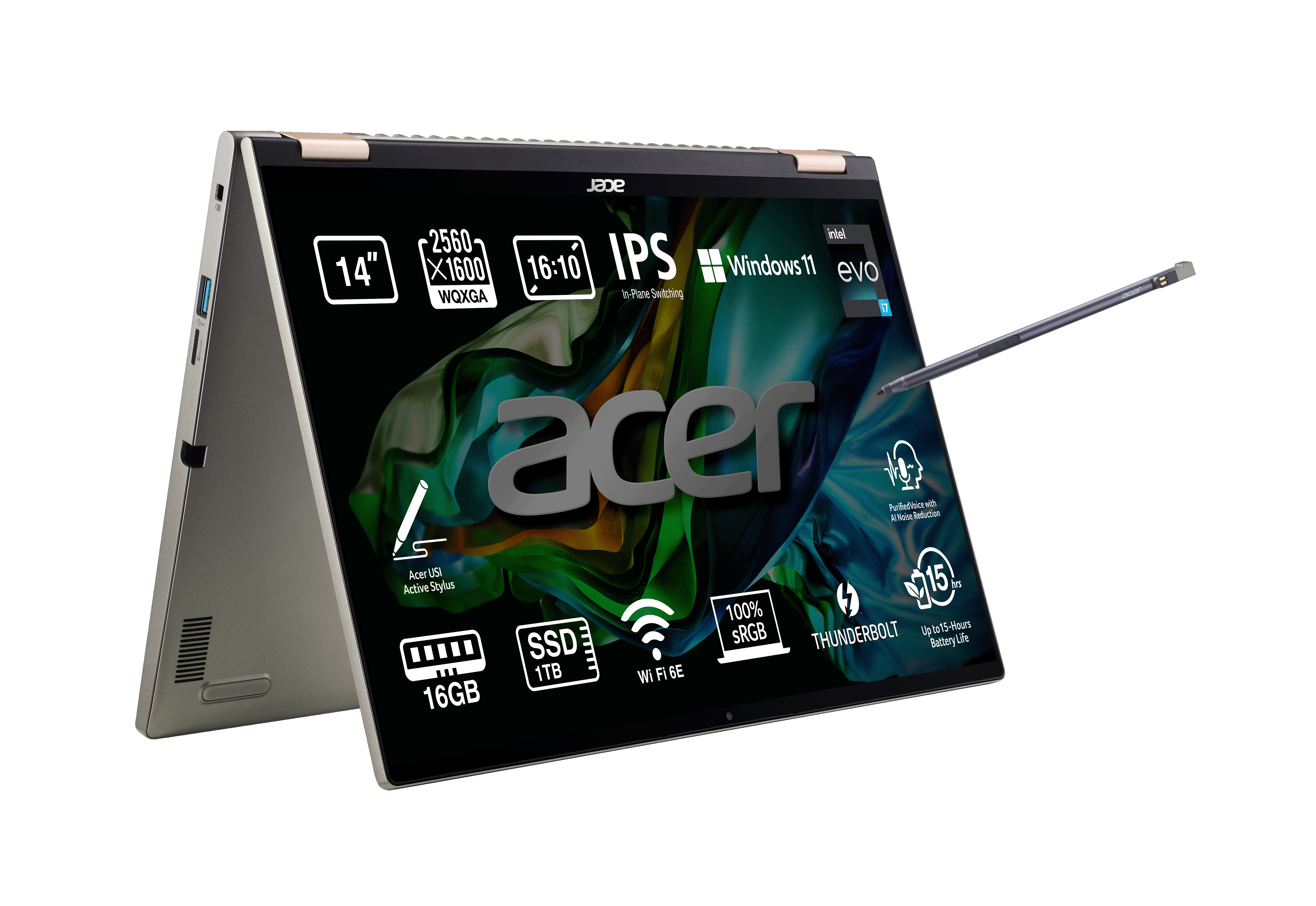 Ordenador portátil plateado y negro con la pantalla abierta. La pantalla muestra un logotipo de Acer.
