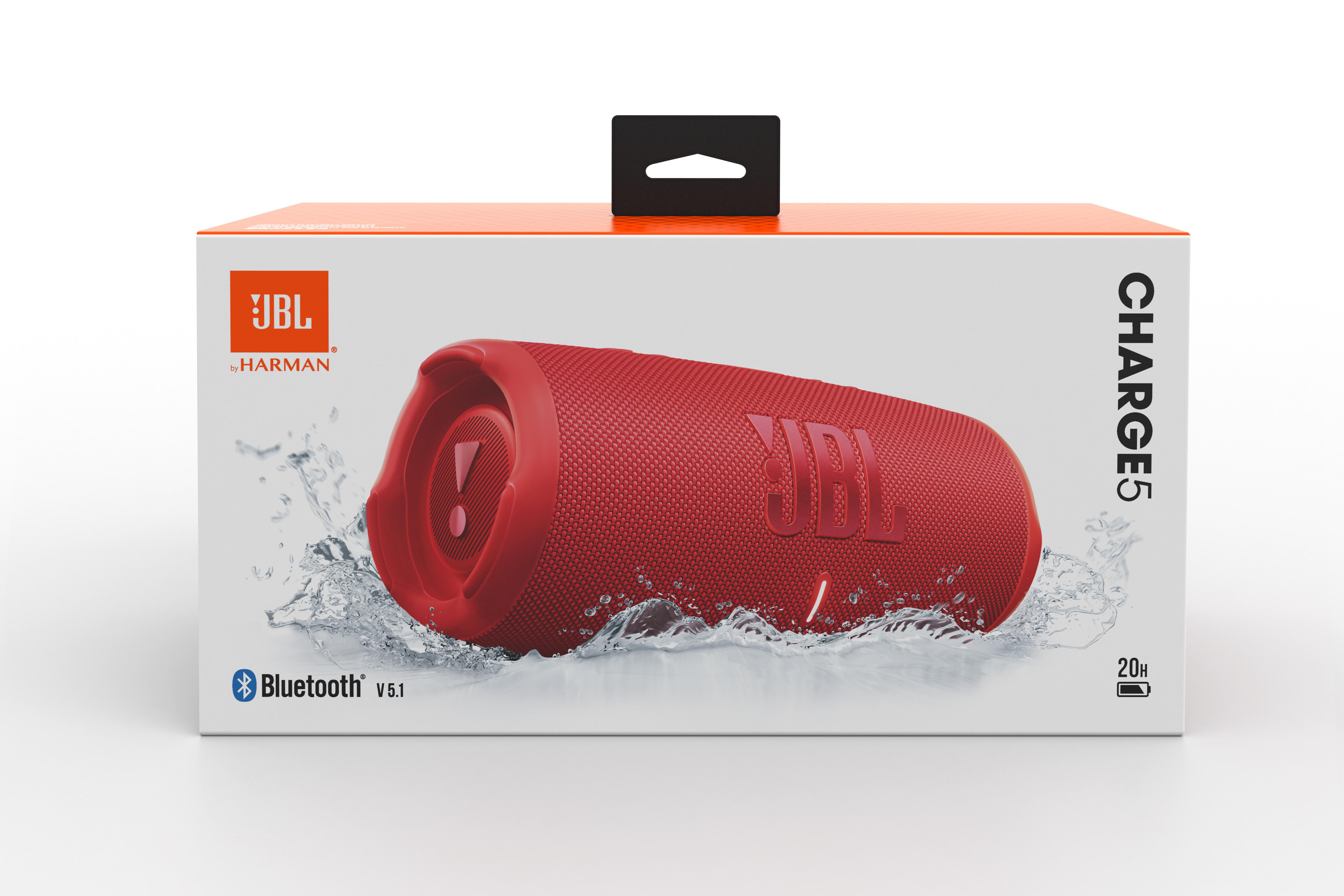 Rote JBL Charge 5 Box mit Wasserspritzern und Bluetooth-Symbol.