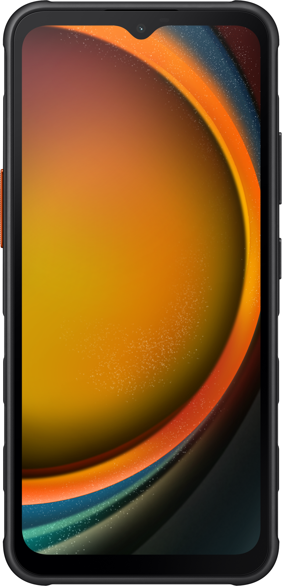 Ein schwarzes Smartphone mit farbenfrohem, abstraktem Display auf dunklem Hintergrund.