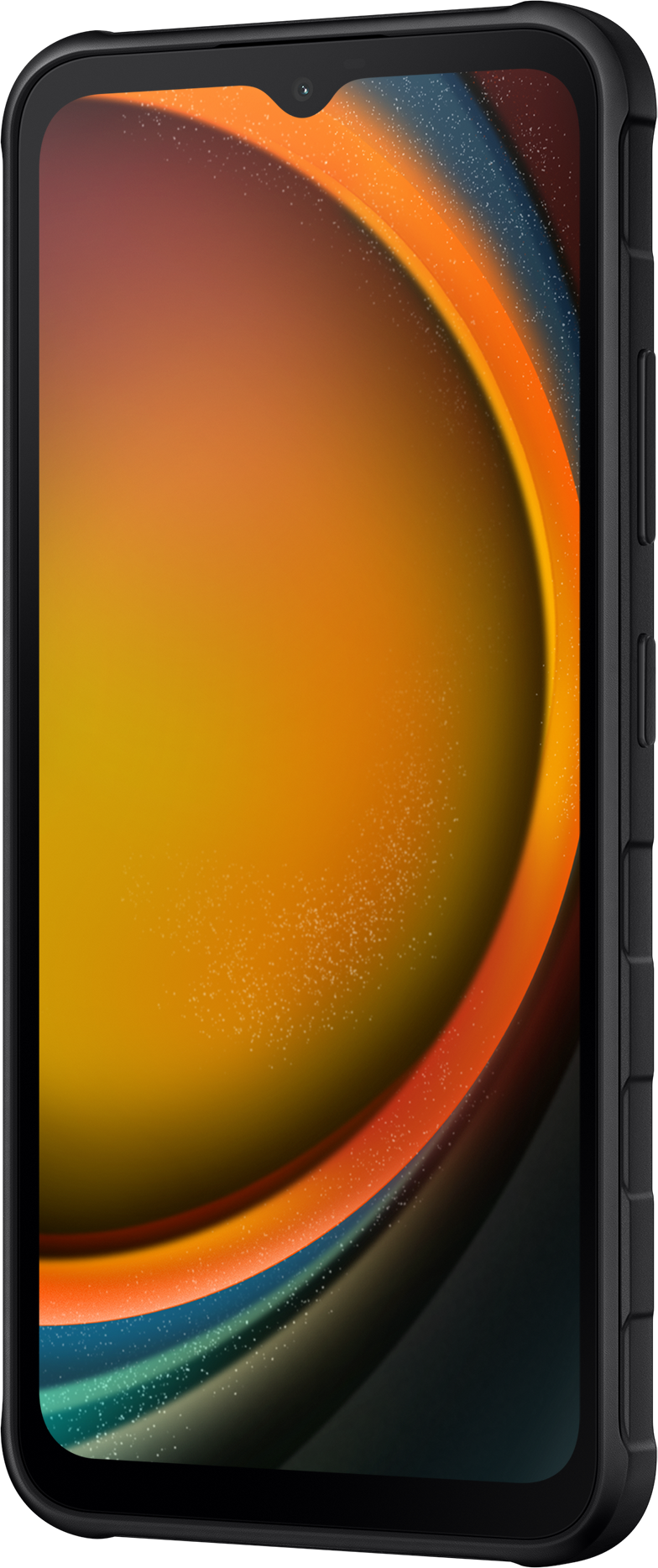 Nahaufnahme eines schwarzen Smartphones mit einem lebendigen orange-blauen Farbverlauf.