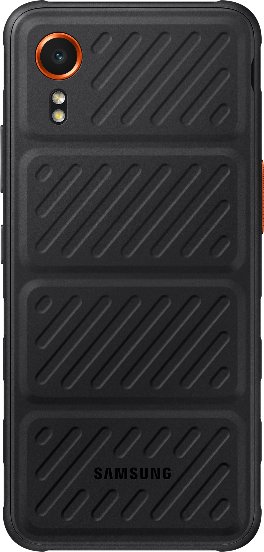 Schwarze Telefonrückseite mit strukturierten Paneelen und orangefarbenen Akzenten. Samsung-Logo unten.