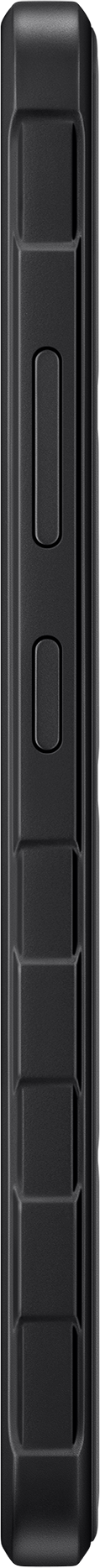 Nahaufnahme der Seite eines schwarzen Smartphones mit Tasten und strukturierter Oberfläche.