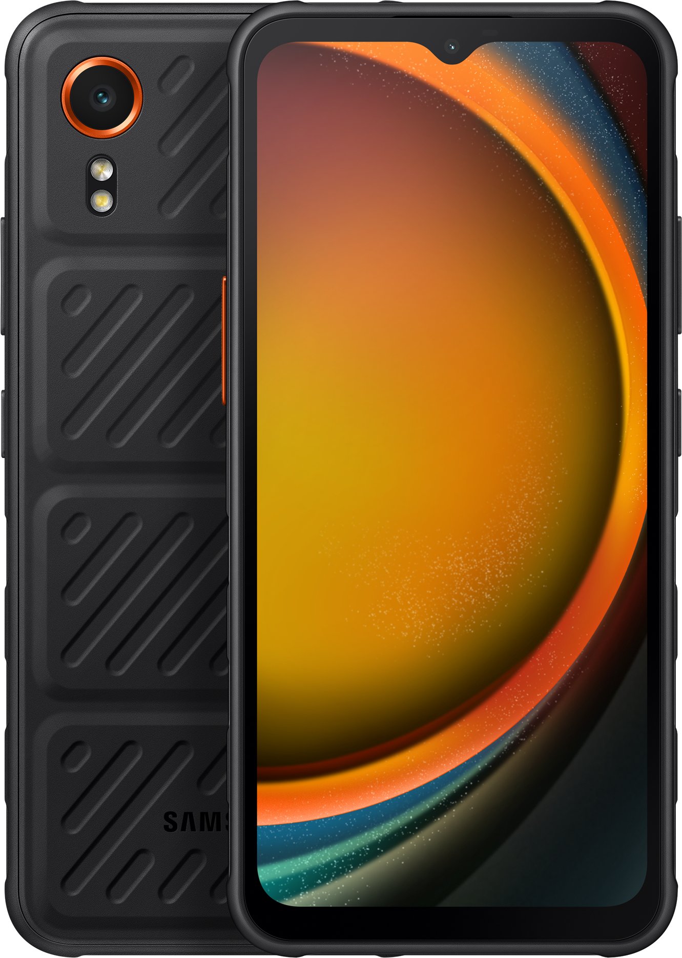 Schwarz-oranges Telefon. Zwei Kameras, robustes Design.