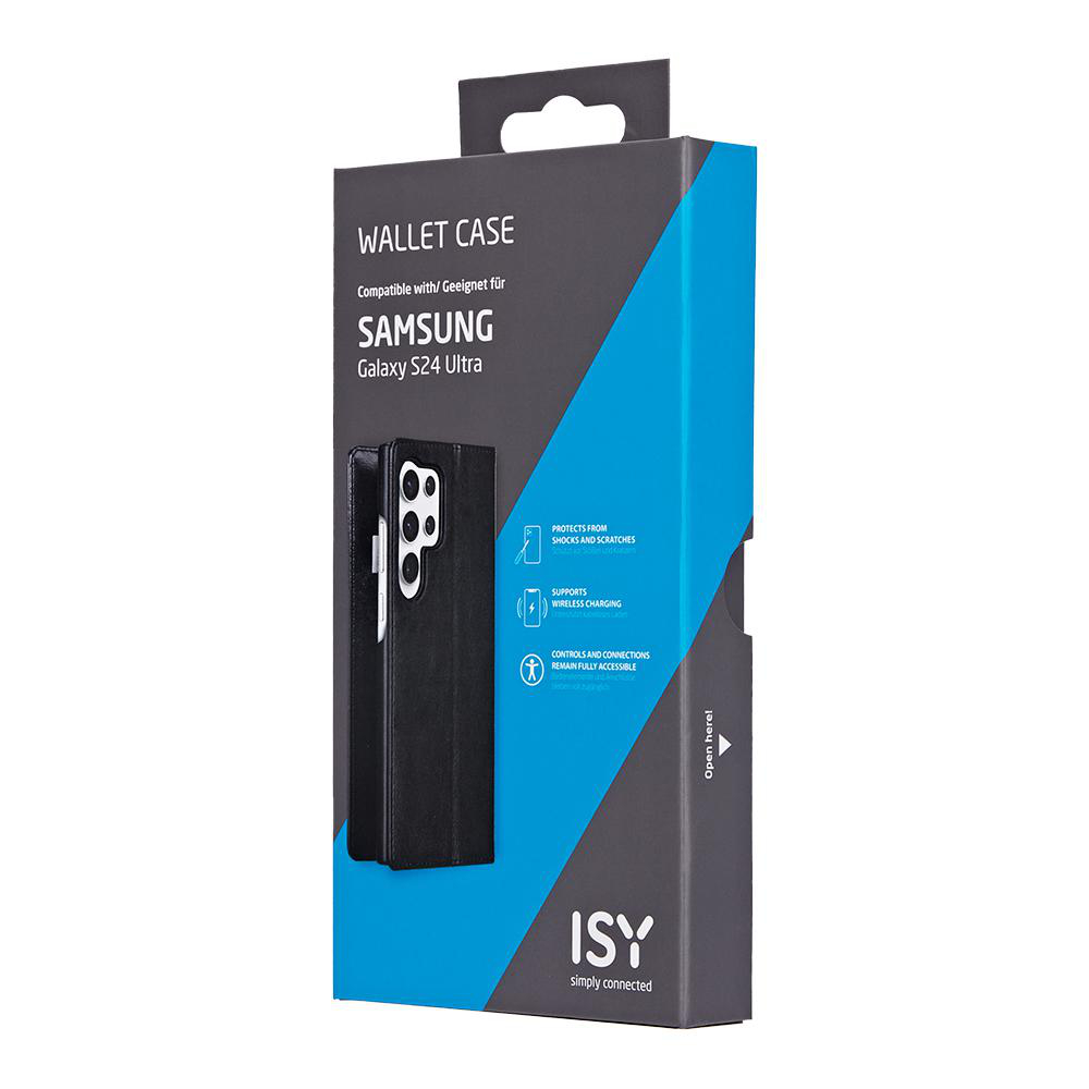 Schwarze Geldbörsenhülle für Samsung Galaxy S24 Ultra in einer blau-schwarzen Verpackung.