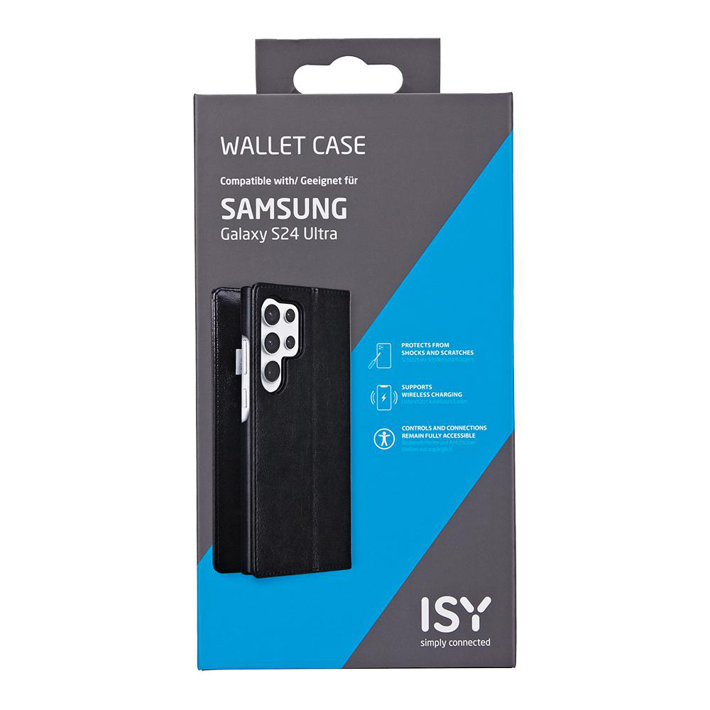 Eine schwarze Brieftasche für ein Samsung Galaxy S24 Ultra Telefon.