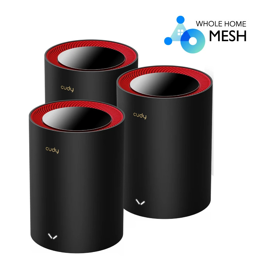 Trzy czarne cylindryczne routery mesh z czerwonymi wierzchami i marką 'cudy'.