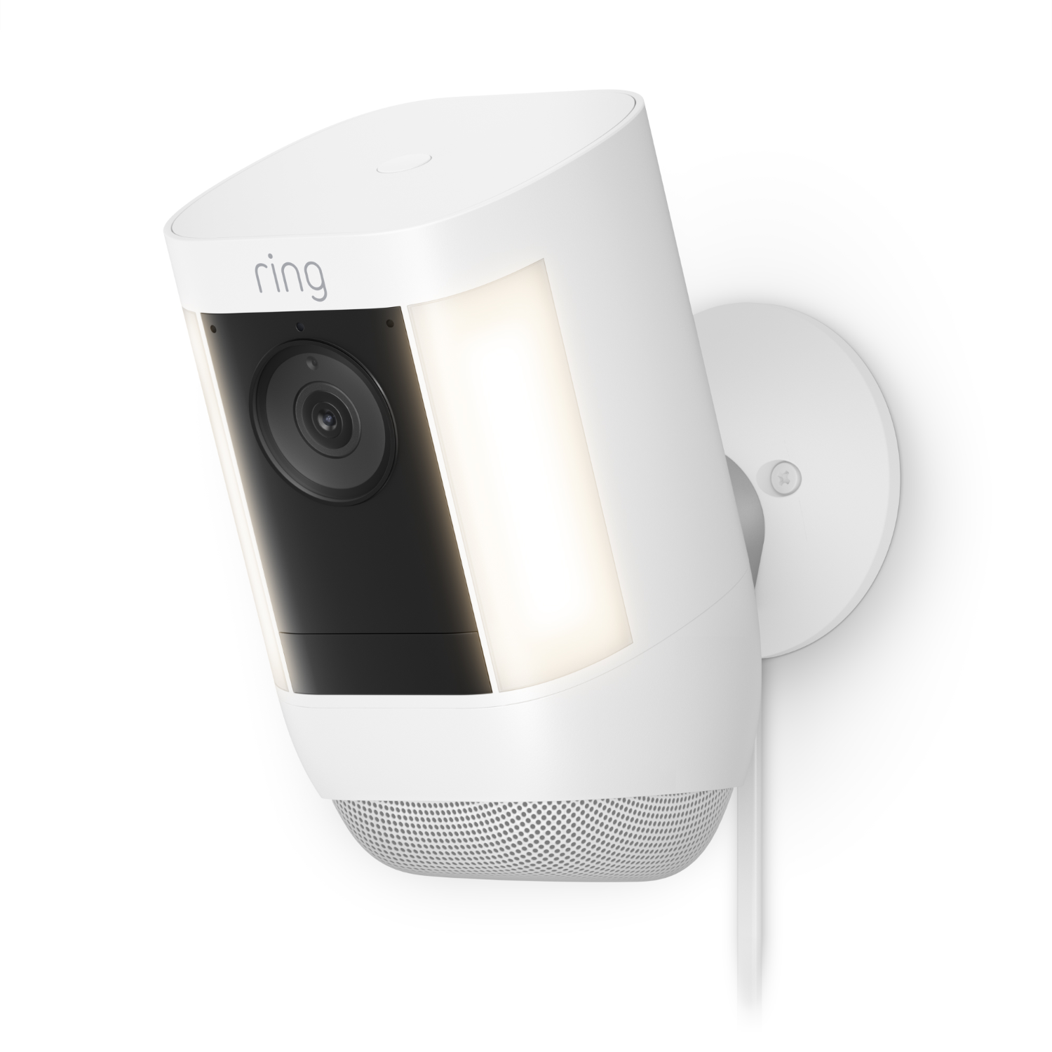 White Ring security camera with light, angled view, and mesh speaker.