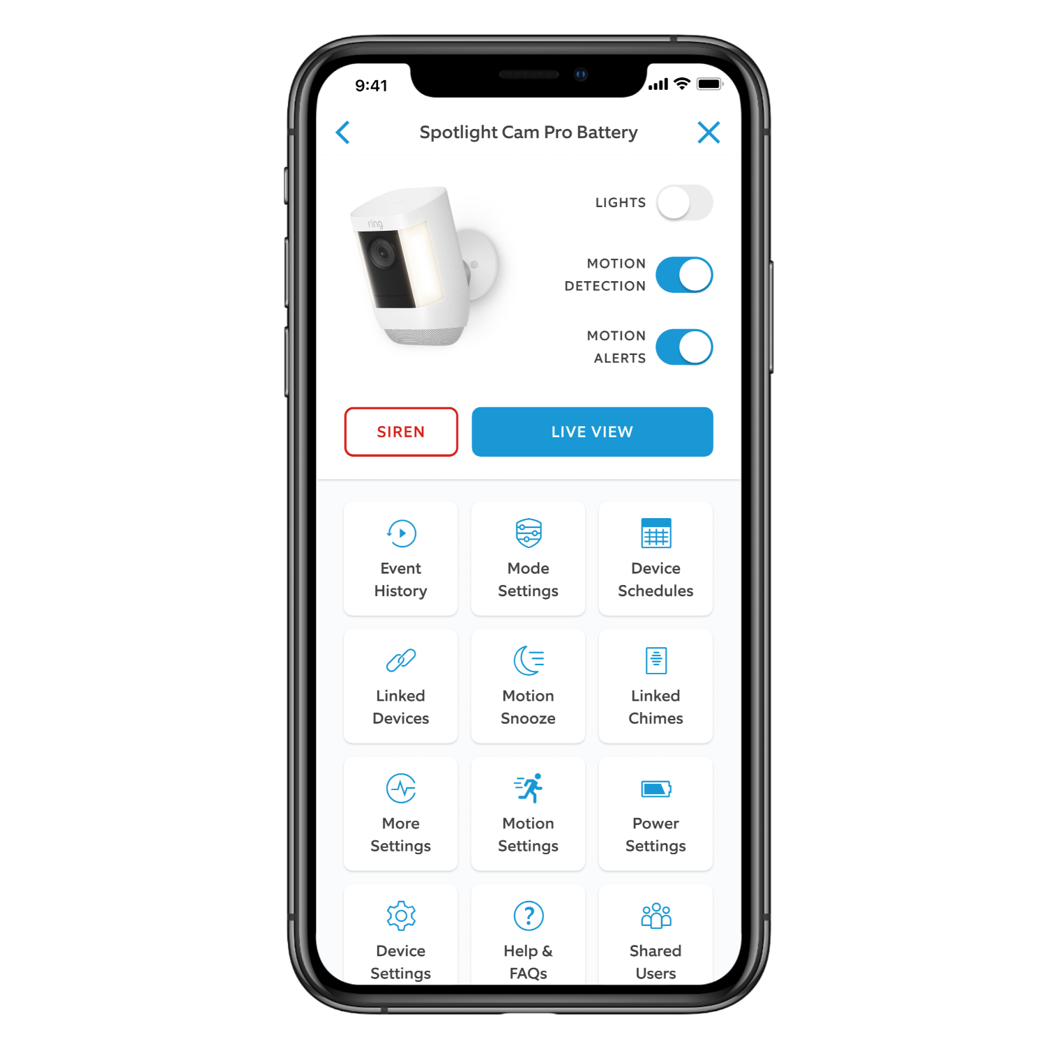 Smartphone screen showing Ring app with live view and settings options.